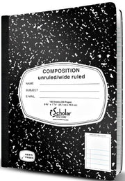 Ischolar Composition Book  Journal  Unruled Top  Wide Ruled Bottom Half  100 Sheets  9.75 X 7.5 Inches  Black Marble (10114)