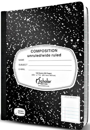 Ischolar Composition Book  Journal  Unruled Top  Wide Ruled Bottom Half  100 Sheets  9.75 X 7.5 Inches  Black Marble (10114)