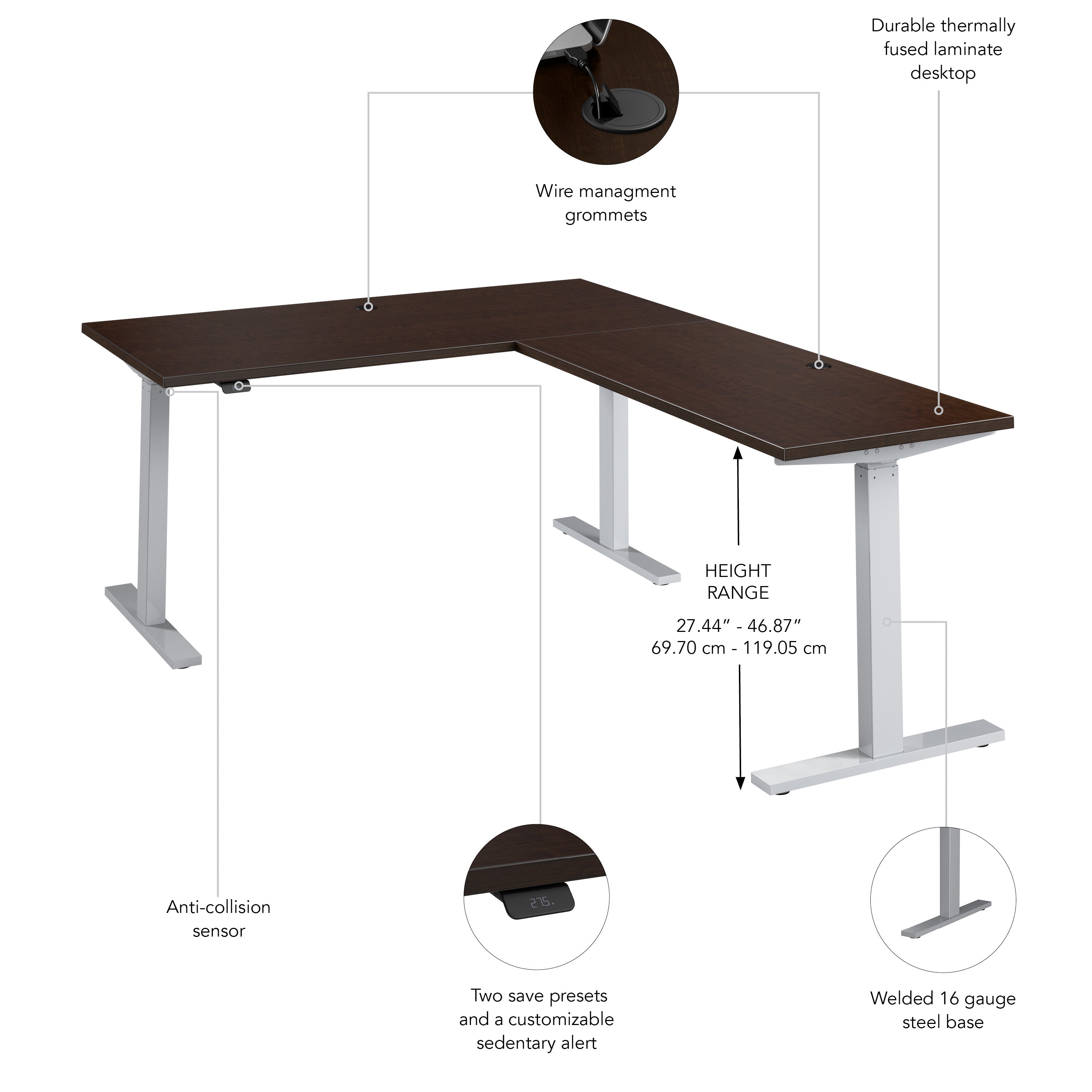Bush Business Furniture Move 60 Series 60W Height Adjustable L Shaped Standing Desk in Mocha Cherry with Metallic Gray Base - 59.45" Width x 76.97" Depth x 27.44" Height