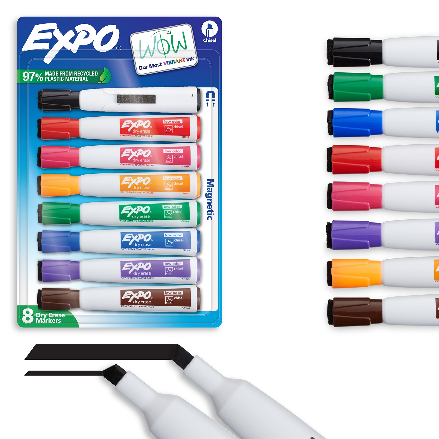 Magnetic Dry Erase Markers with Eraser, Chisel Tip, Assorted Colors, 8-Count
