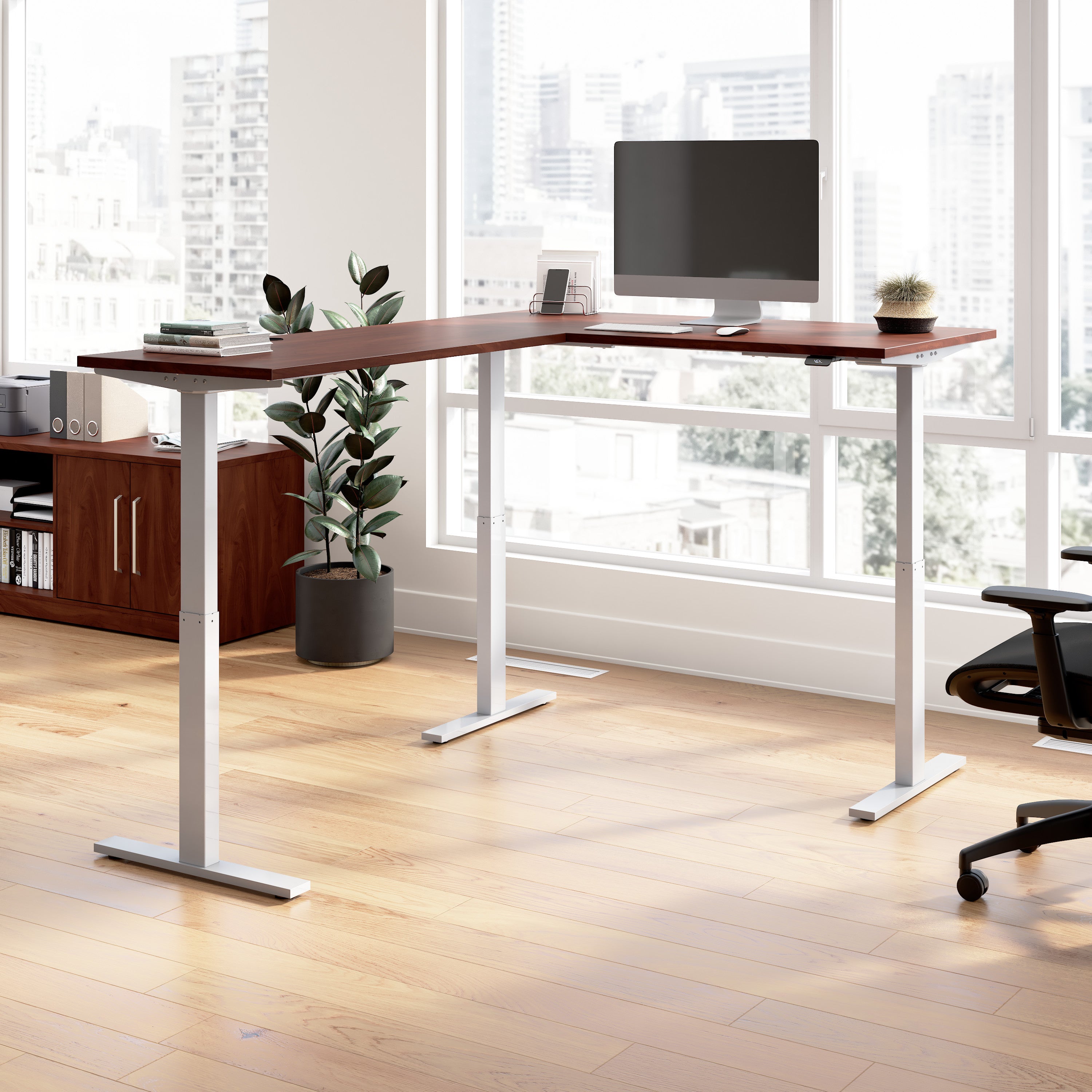 Bush Business Furniture Move 60 Series 60W Height Adjustable L Shaped Standing Desk in Hansen Cherry with Metallic Gray Base - 59.45" Width x 76.97" Depth x 27.44" Height