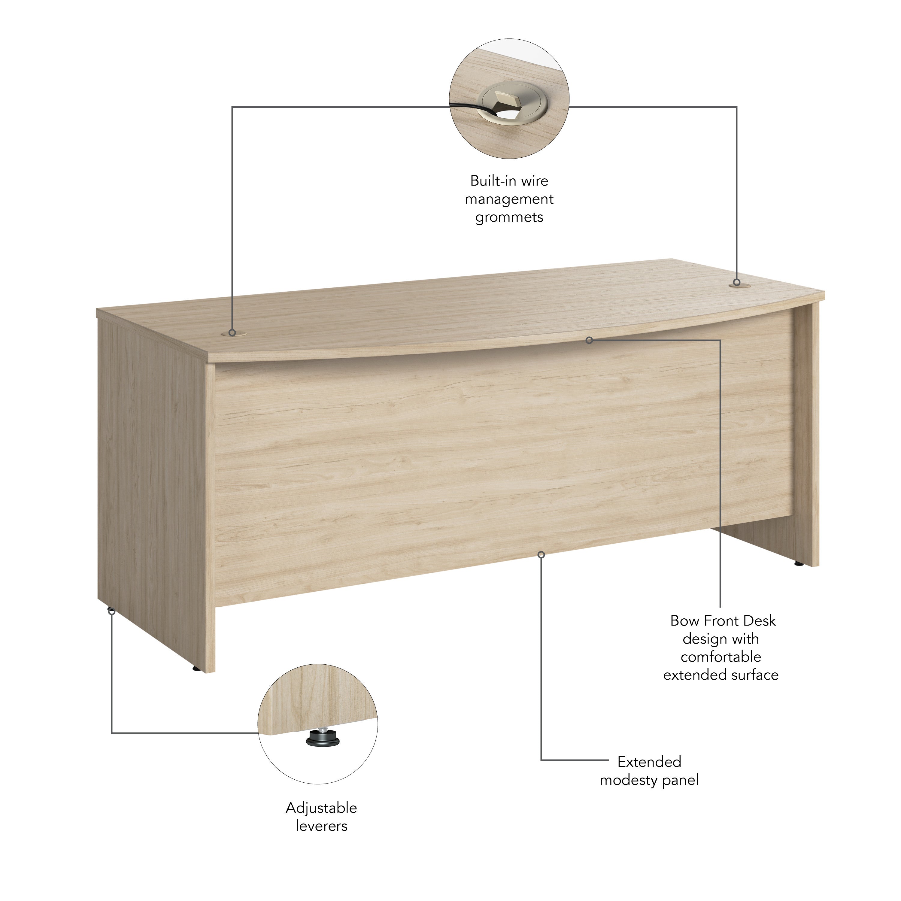 Bush Business Furniture Studio C 72W x 36D Bow Front Desk in Natural Elm - 71.02" Width x 35.43" Depth x 29.84" Height