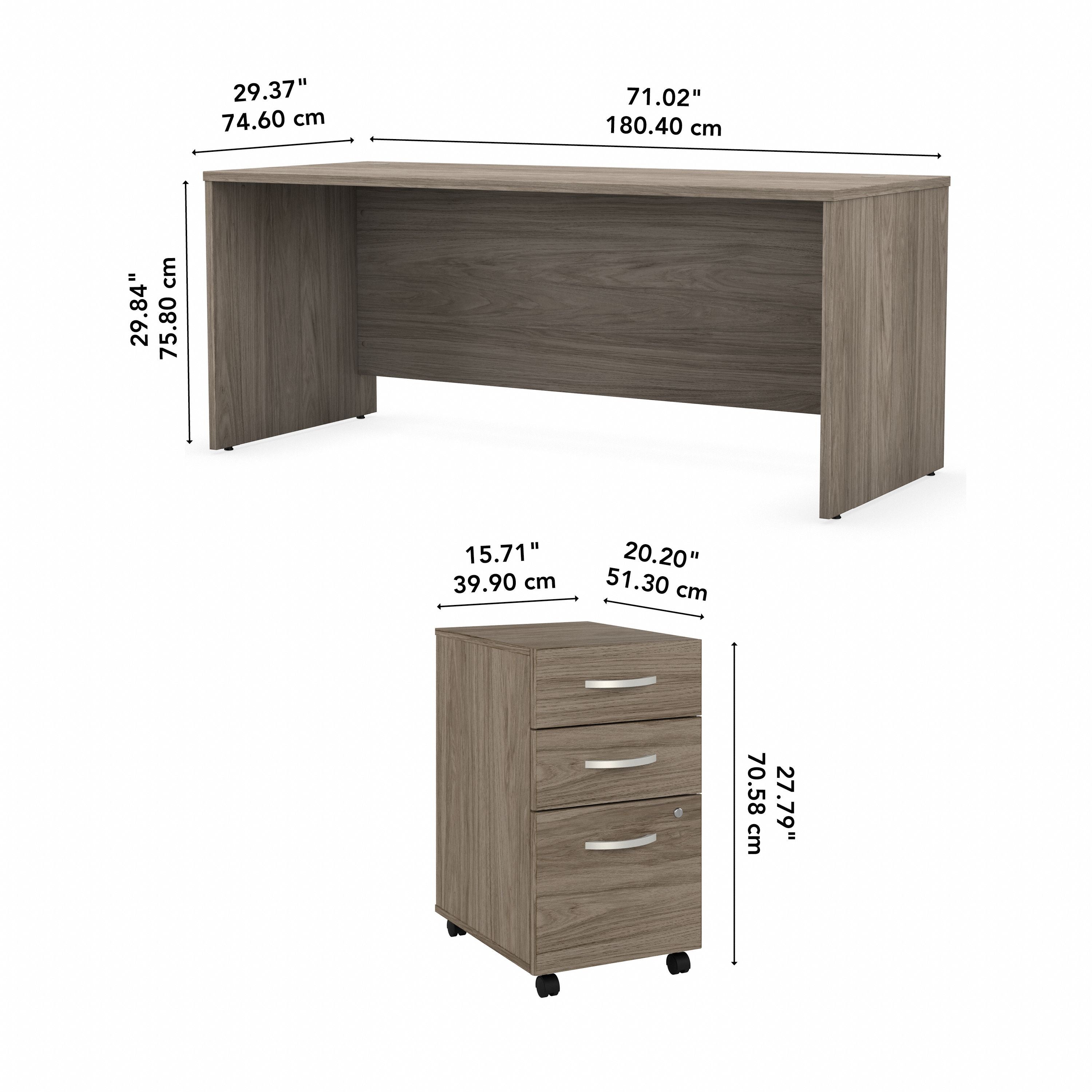 Bush Business Furniture Studio C 72W x 30D Office Desk with Mobile File Cabinet in Modern Hickory - 71.02" Width x 29.37" Depth x 29.84" Height