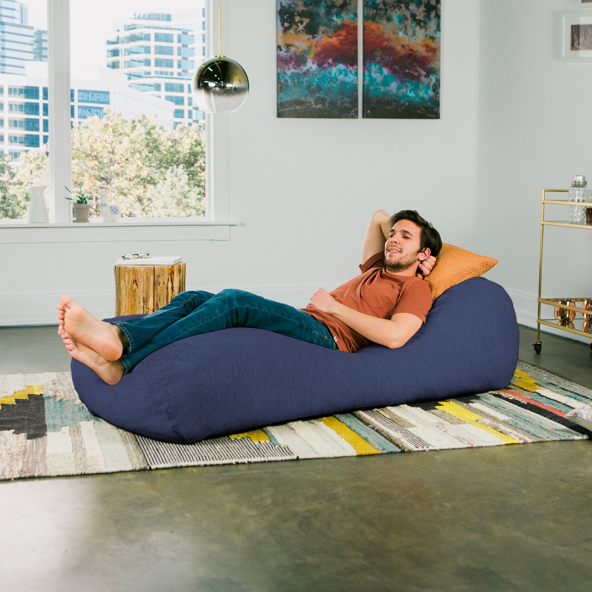 Jaxx Arlo Chaise Lounger Foam Bean Bag Chair - Premium Chenille, Navy