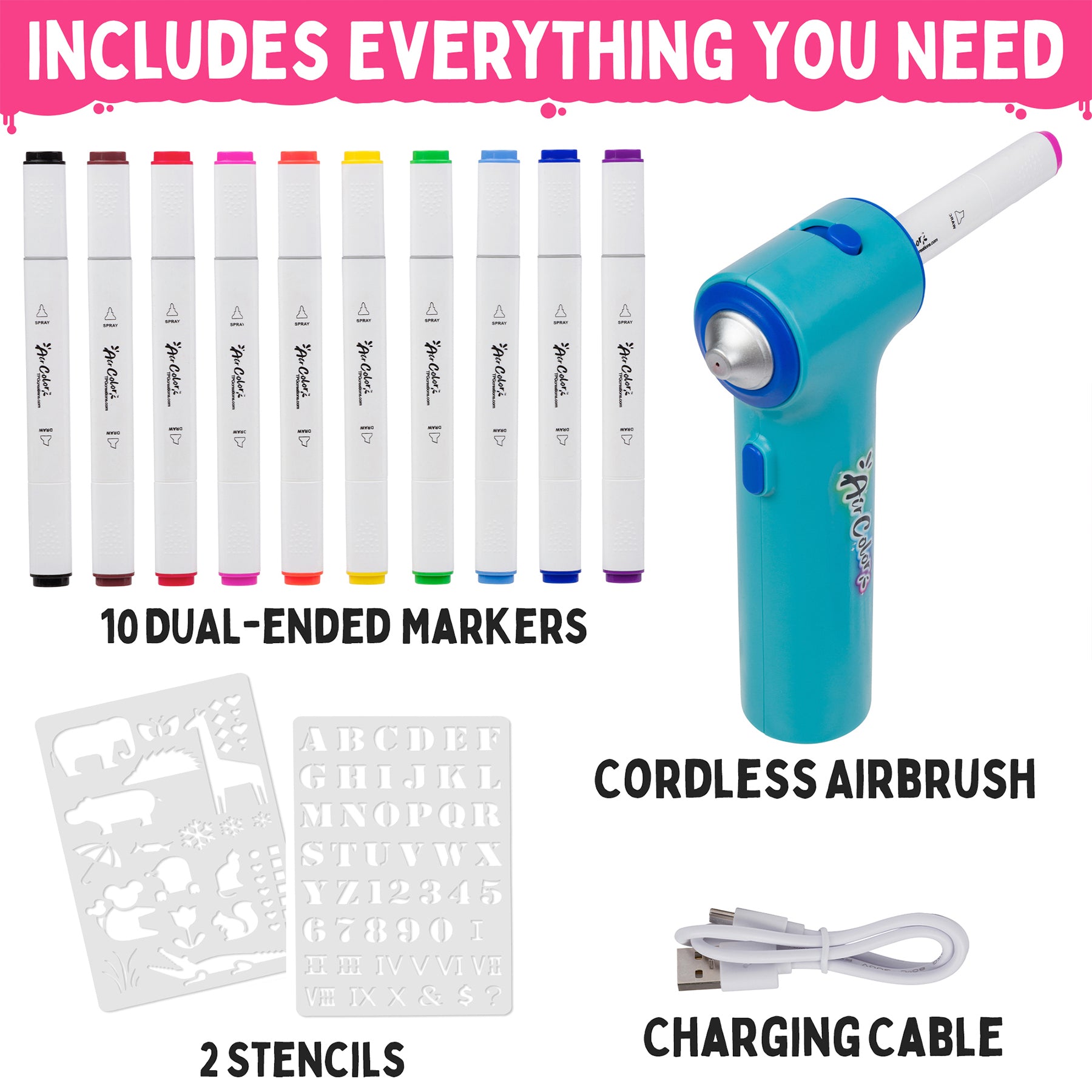Aircolor Airbrush Kit with Markers & Stencils