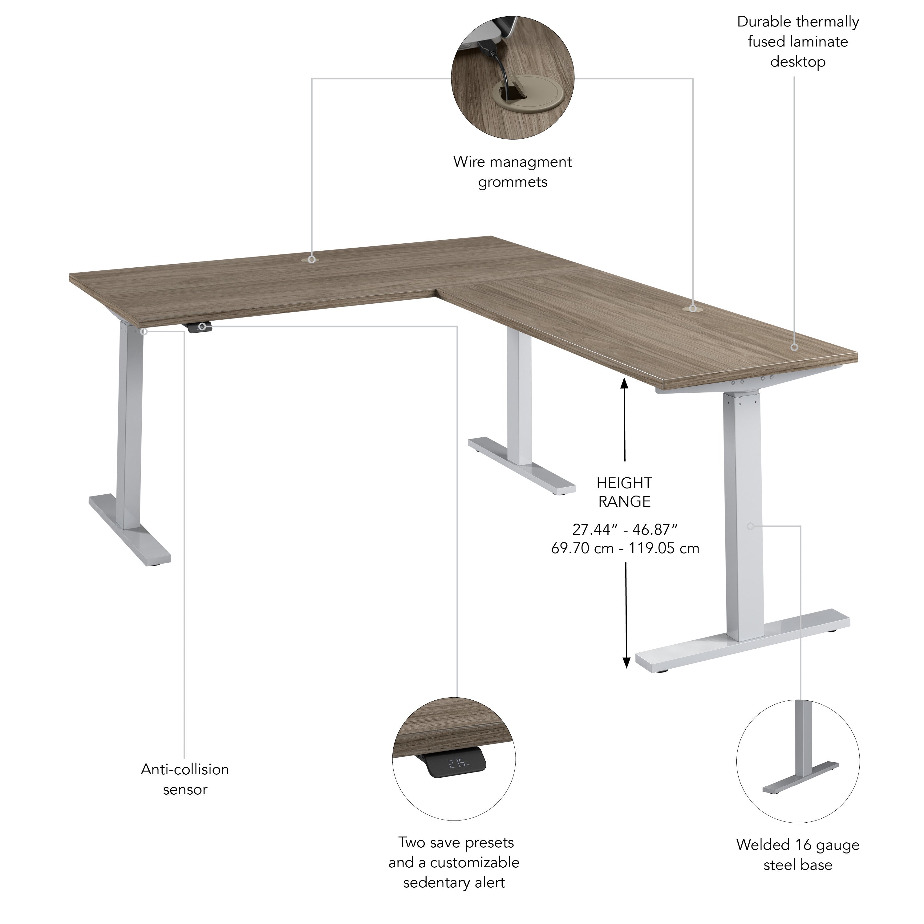 Bush Business Furniture Move 60 Series 60W Height Adjustable L Shaped Standing Desk in Modern Hickory with Metallic Gray Base - 59.45" Width x 76.97" Depth x 27.44" Height