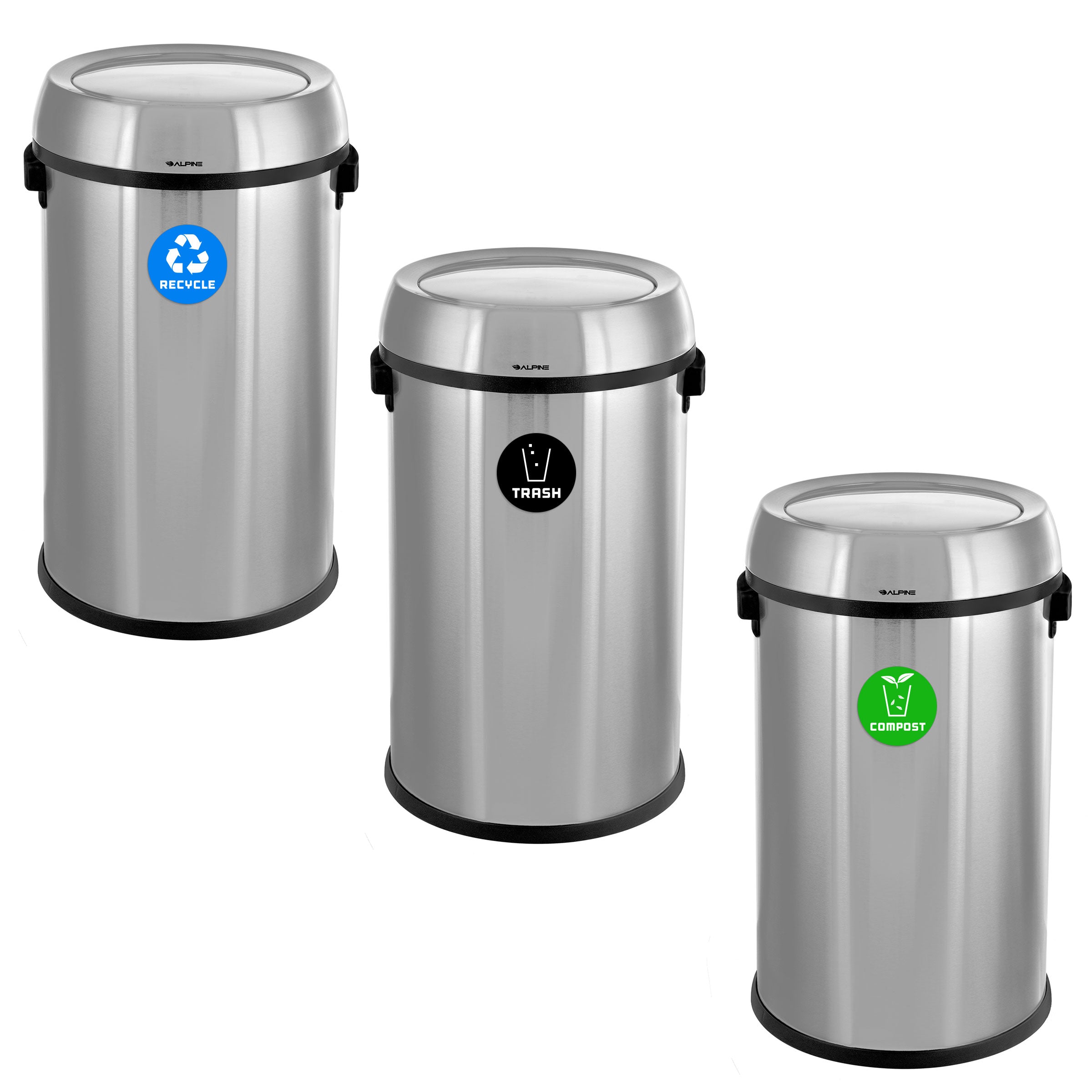 17 Gallon Stainless Steel Indoor Recycling, Trash, and Compost Bins with Swivel Lid