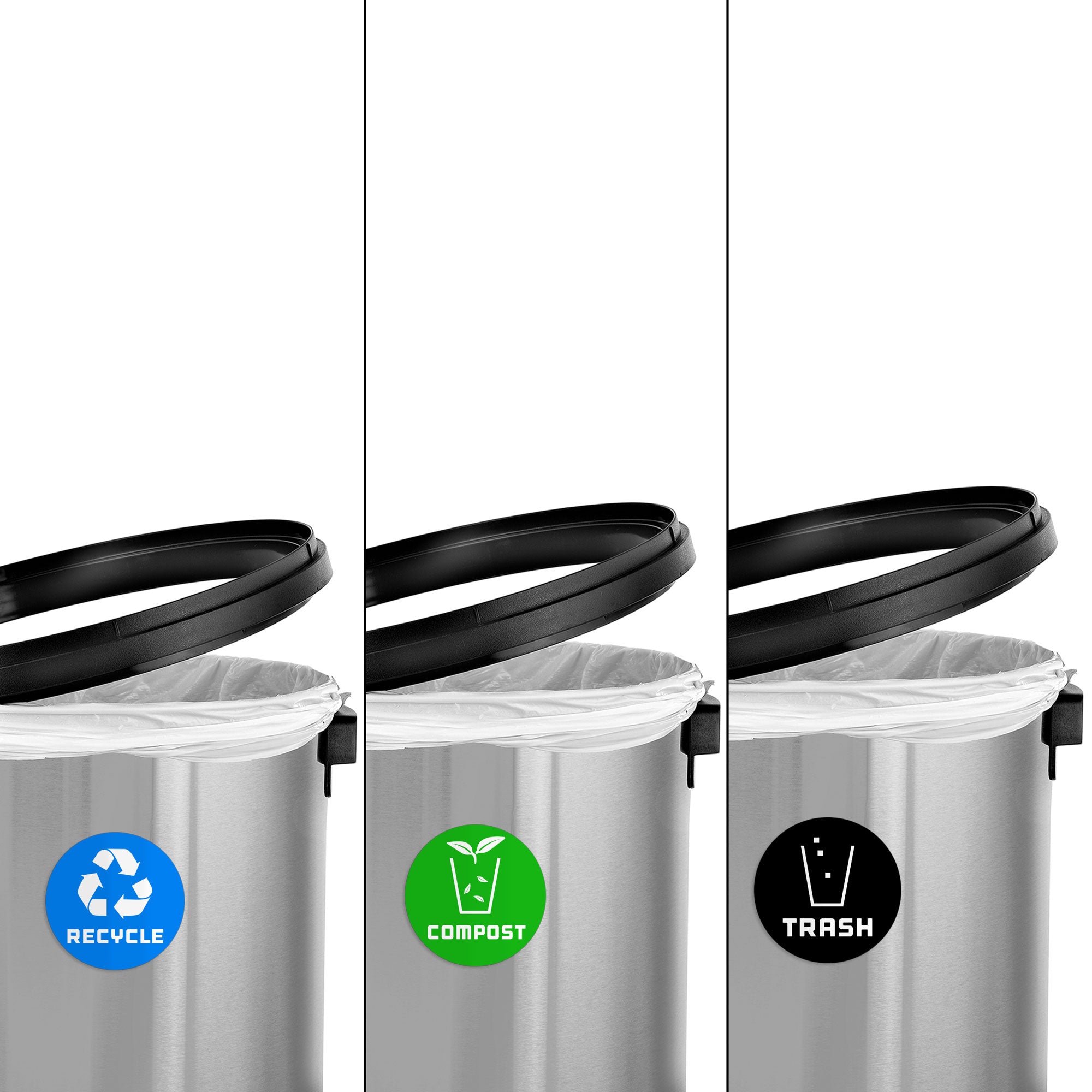 17 Gallon Stainless Steel Indoor Recycling, Trash, and Compost Bins with Swivel Lid