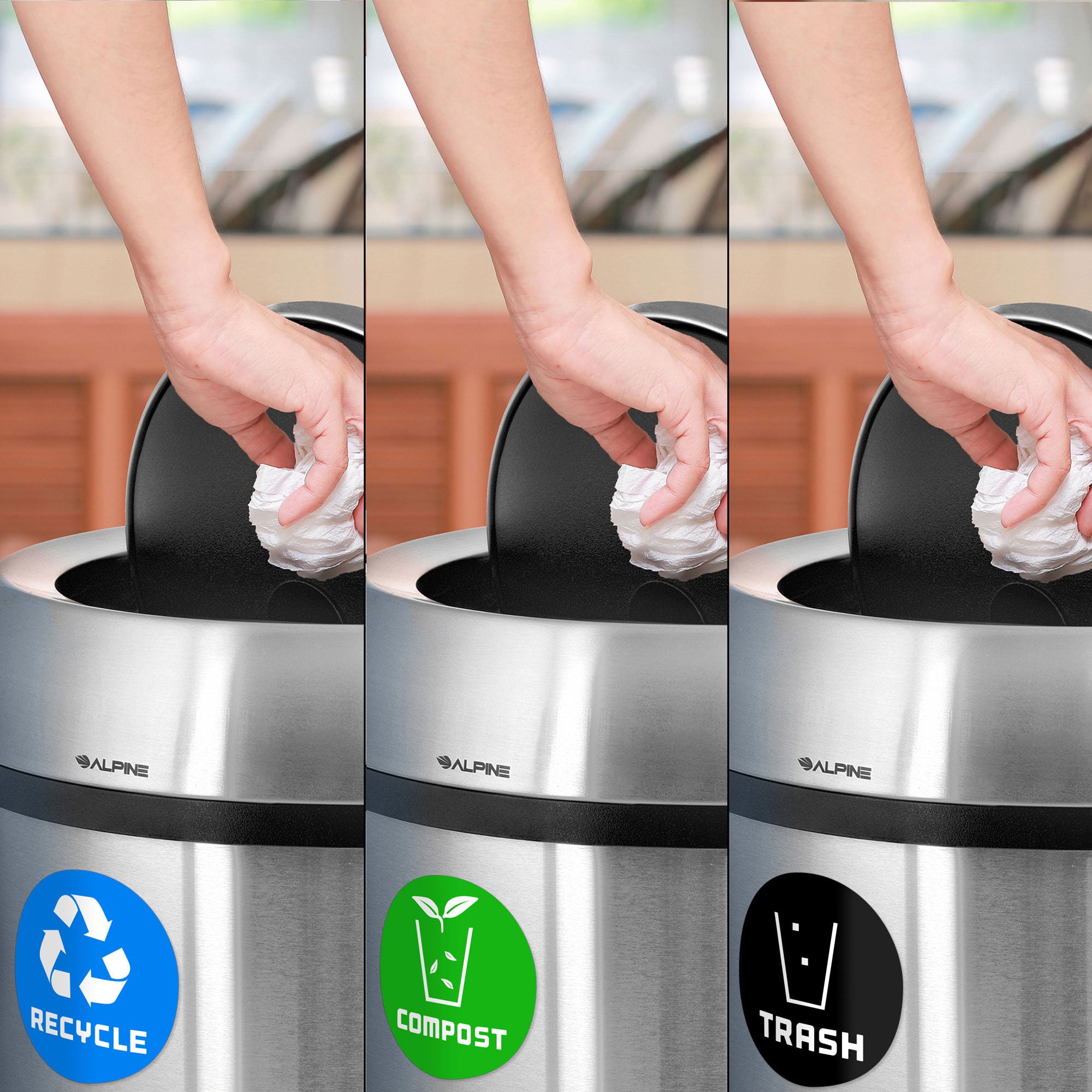 17 Gallon Stainless Steel Indoor Recycling, Trash, and Compost Bins with Swivel Lid