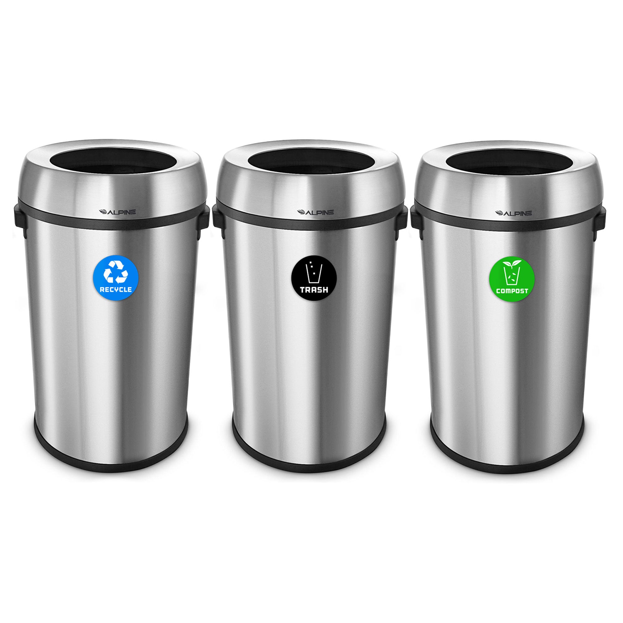 17 Gallon Stainless Steel Open Top Recycling, Trash and Compost Station