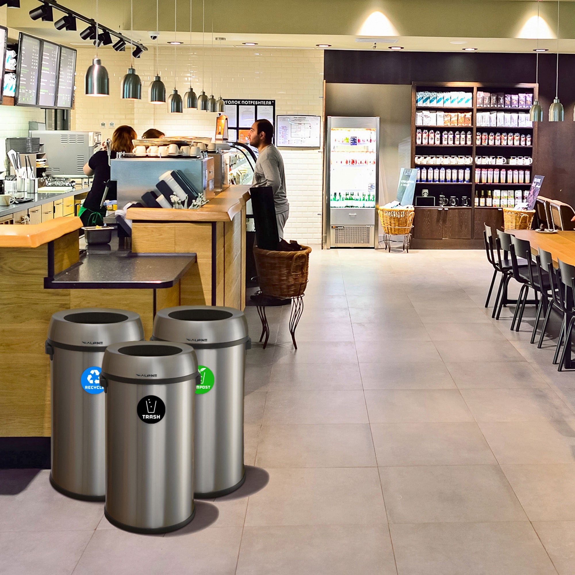 17 Gallon Stainless Steel Open Top Recycling, Trash and Compost Station
