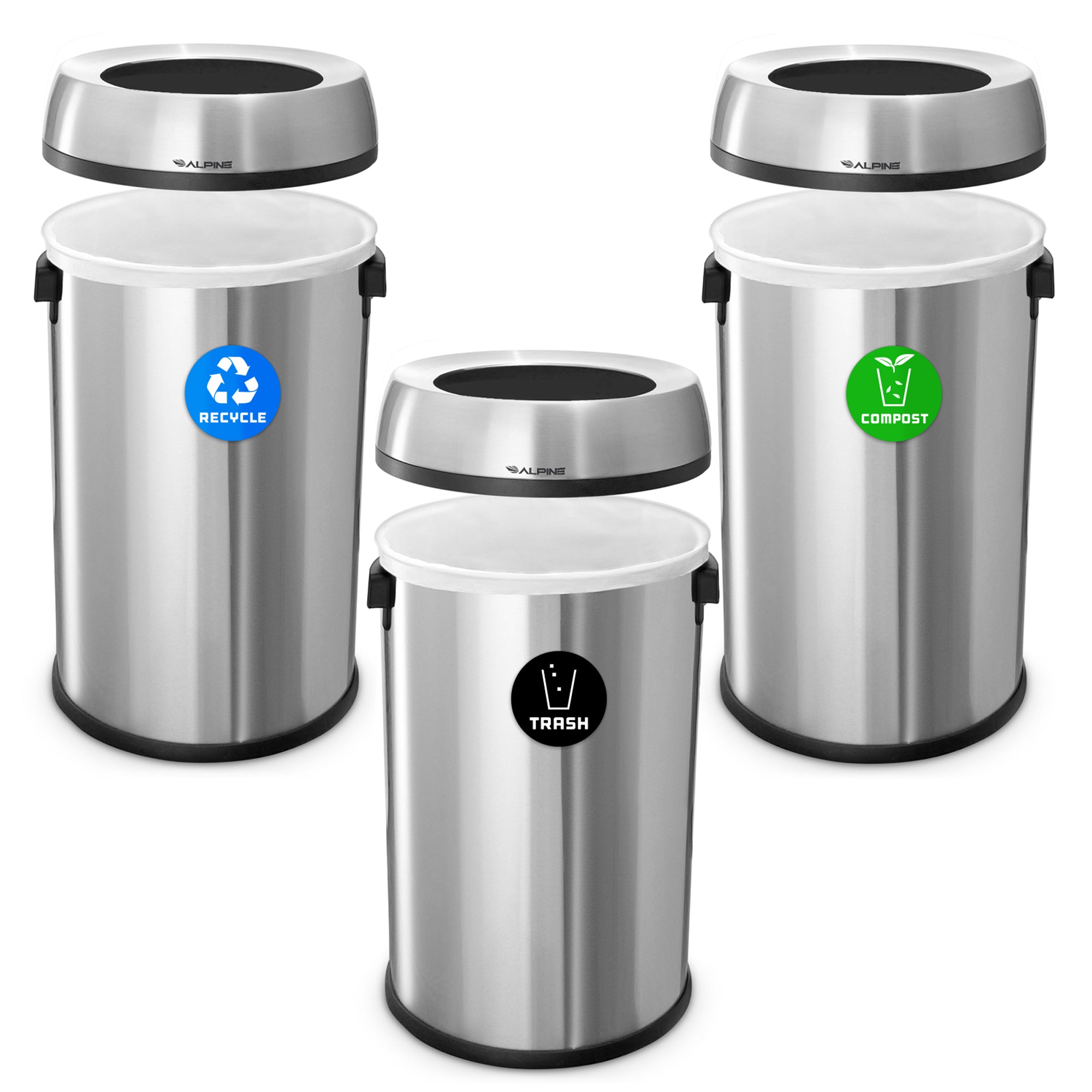 17 Gallon Stainless Steel Open Top Recycling, Trash and Compost Station