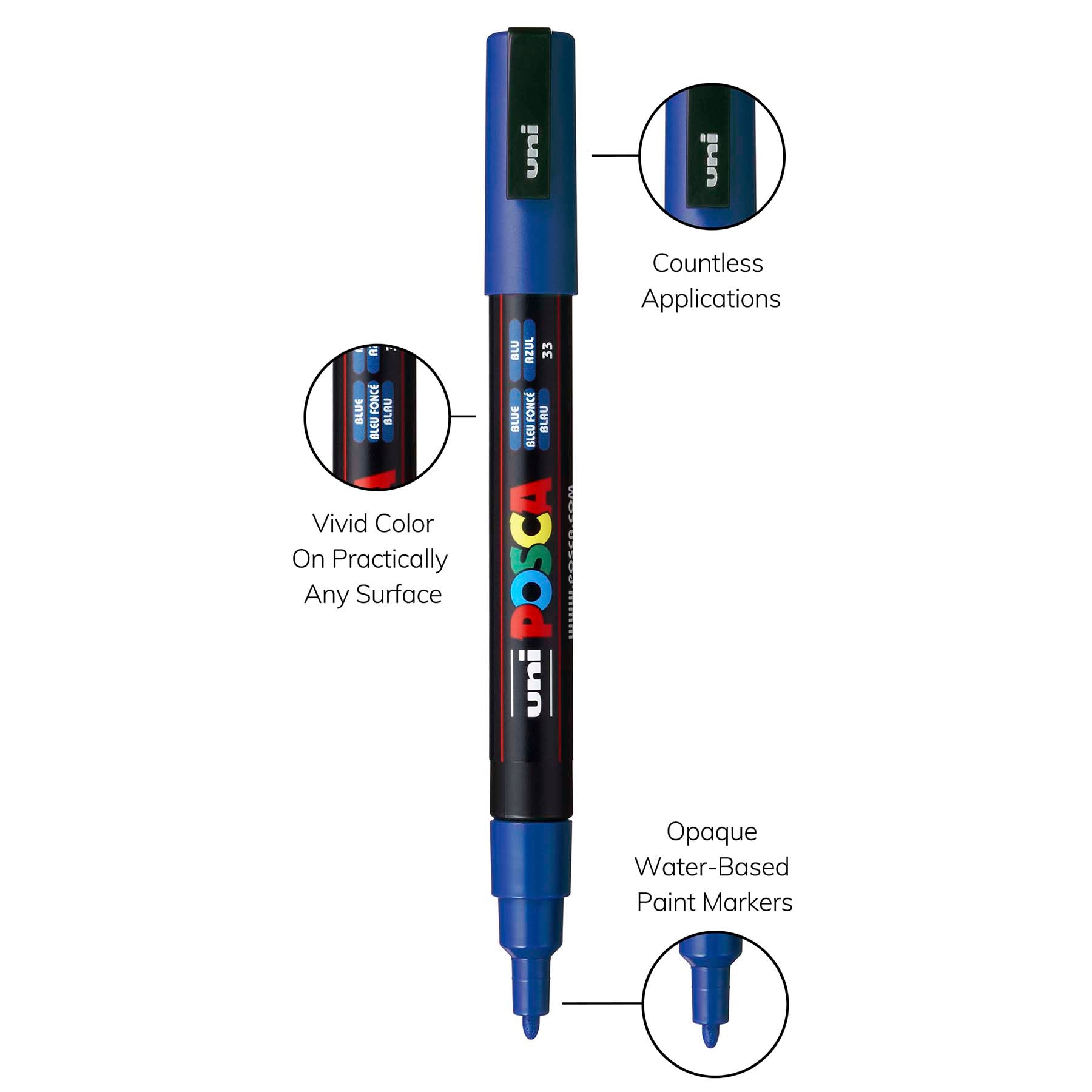 uni® POSCA PC-3M Water-Based Paint Markers, Reversible Fine Tip (0.9-1.3mm), Blue