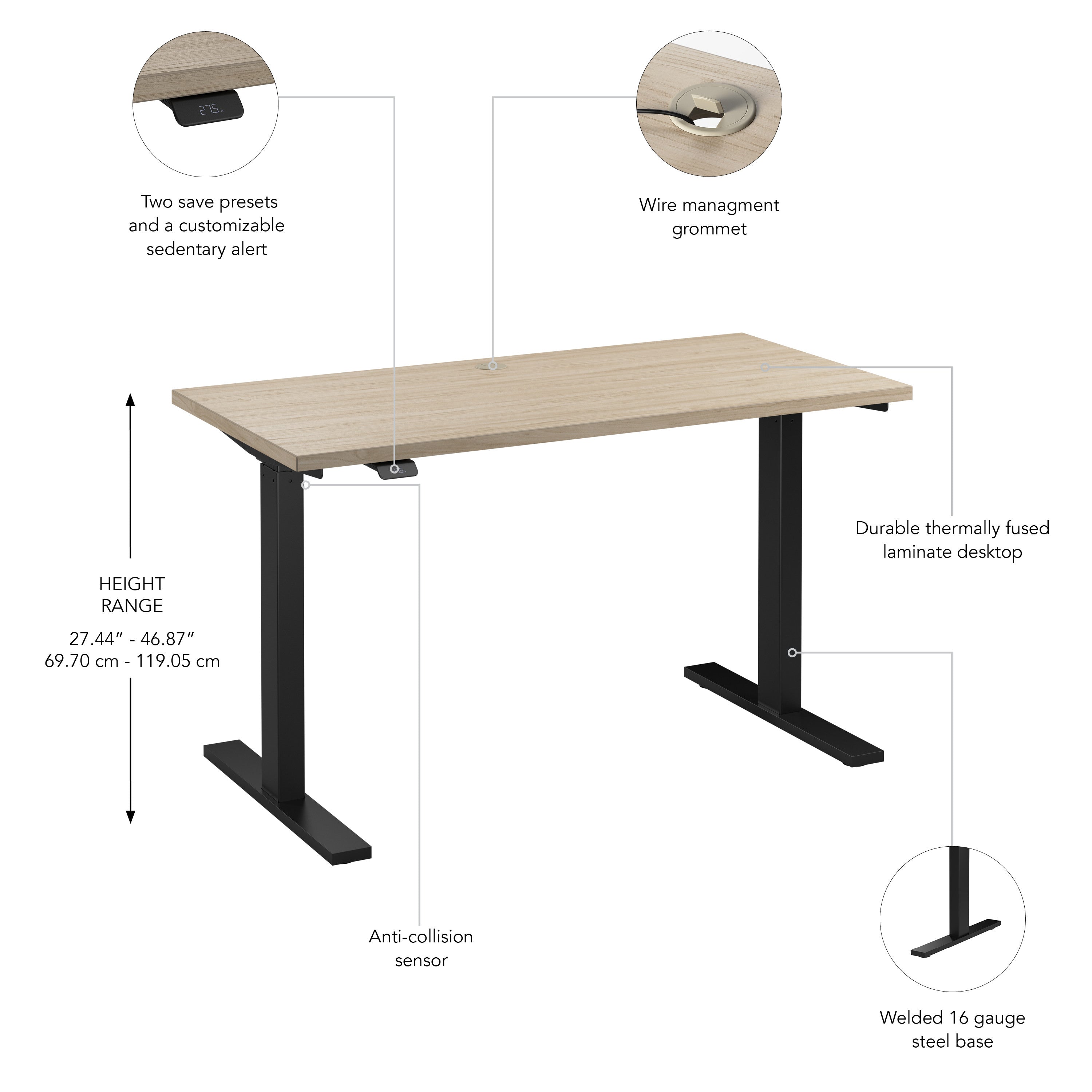 Bush Business Furniture Move 60 Series 48W x 24D Electric Height Adjustable Standing Desk in Natural Elm with Black Base - 47.6" Width x 23.62" Depth x 47.69" Height