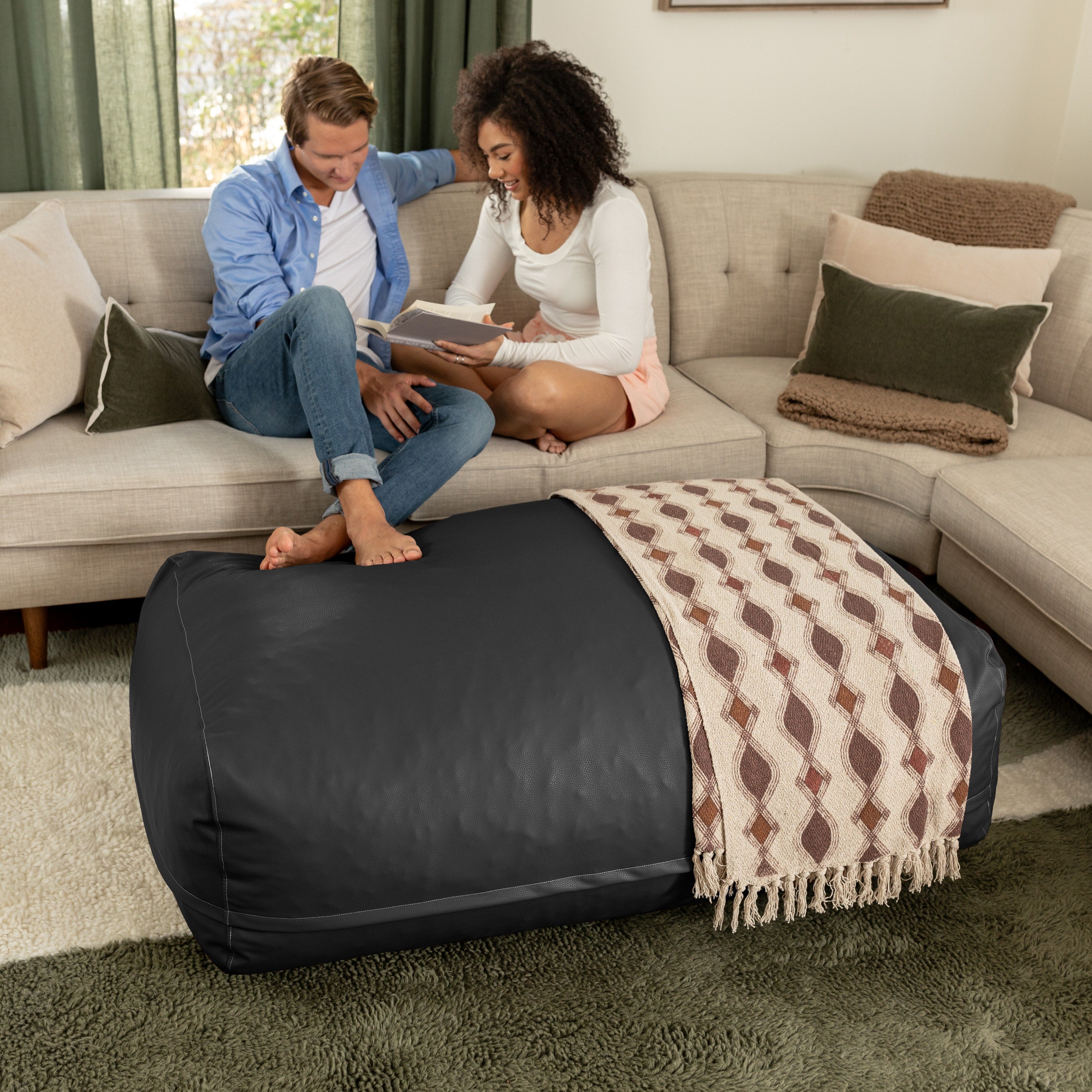Atrium Collection Lino Ottoman - Oversized Large Couch Ottoman & Foam-Filled Lounger - Faux Leather - Black