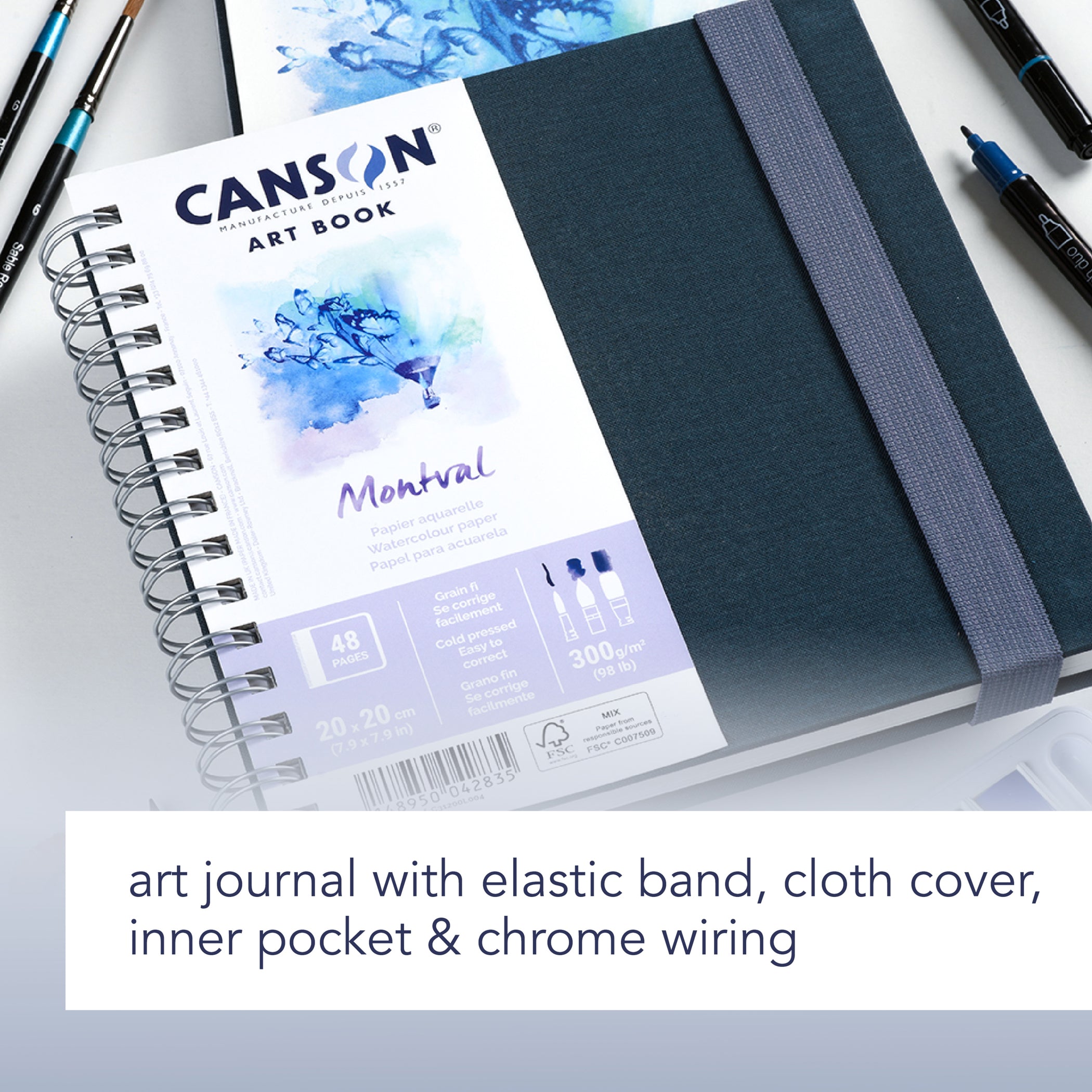 Artist Series Montval Watercolor Art Book, Fabric Cover, Side Wire Binding, 48 Sheet, 7.8x7.8 inch, 1 Count