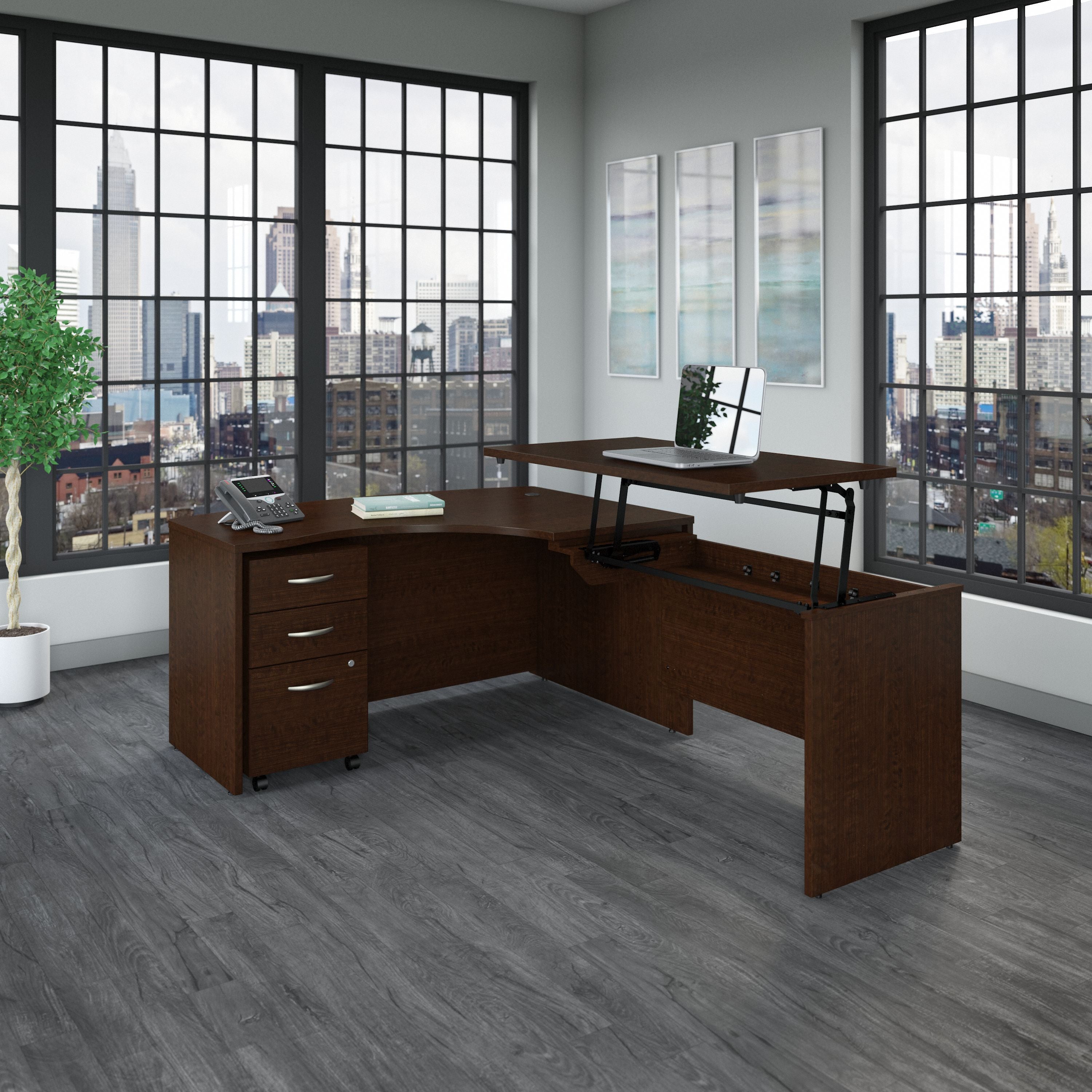 Bush Business Furniture Series C 60W x 43D Right Hand 3 Position Sit to Stand L Shaped Desk with Mobile File Cabinet in Mocha Cherry - 58.86" Width x 85.51" Depth x 29.84" Height