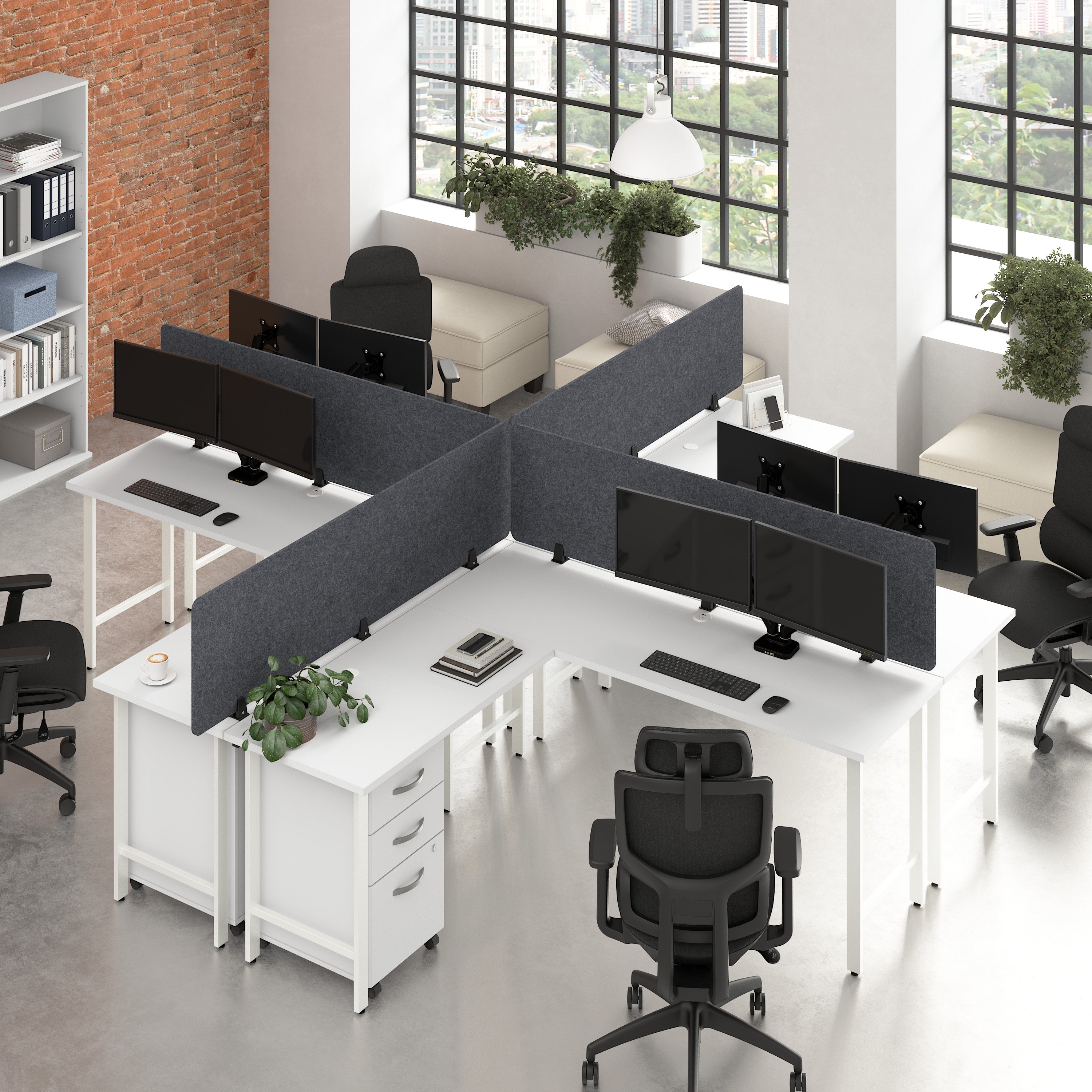 Bush Business Furniture Hustle 4 Person L Shaped Desk with Mobile File Cabinets, Power Grommets, and Privacy Screens in White - 71.02" Width x 23.34" Depth x 30.07" Height
