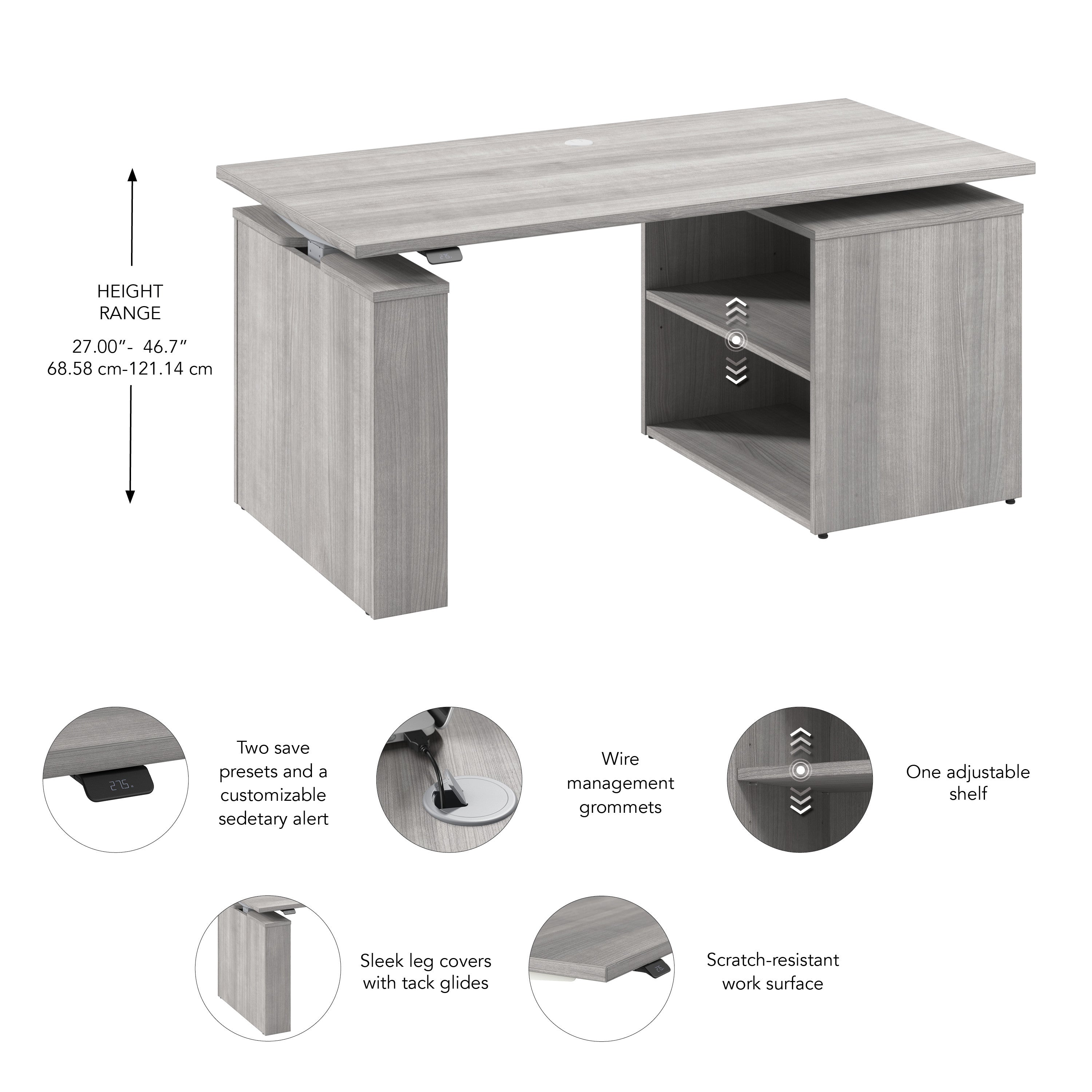 Bush Business Furniture Stratus&nbsp;60W x&nbsp;30D Electric Height Adjustable Standing Desk with Bookcase in Platinum Gray with Metallic Gray Base - 59.45" Width x 29.37" Depth x 27.44" Height