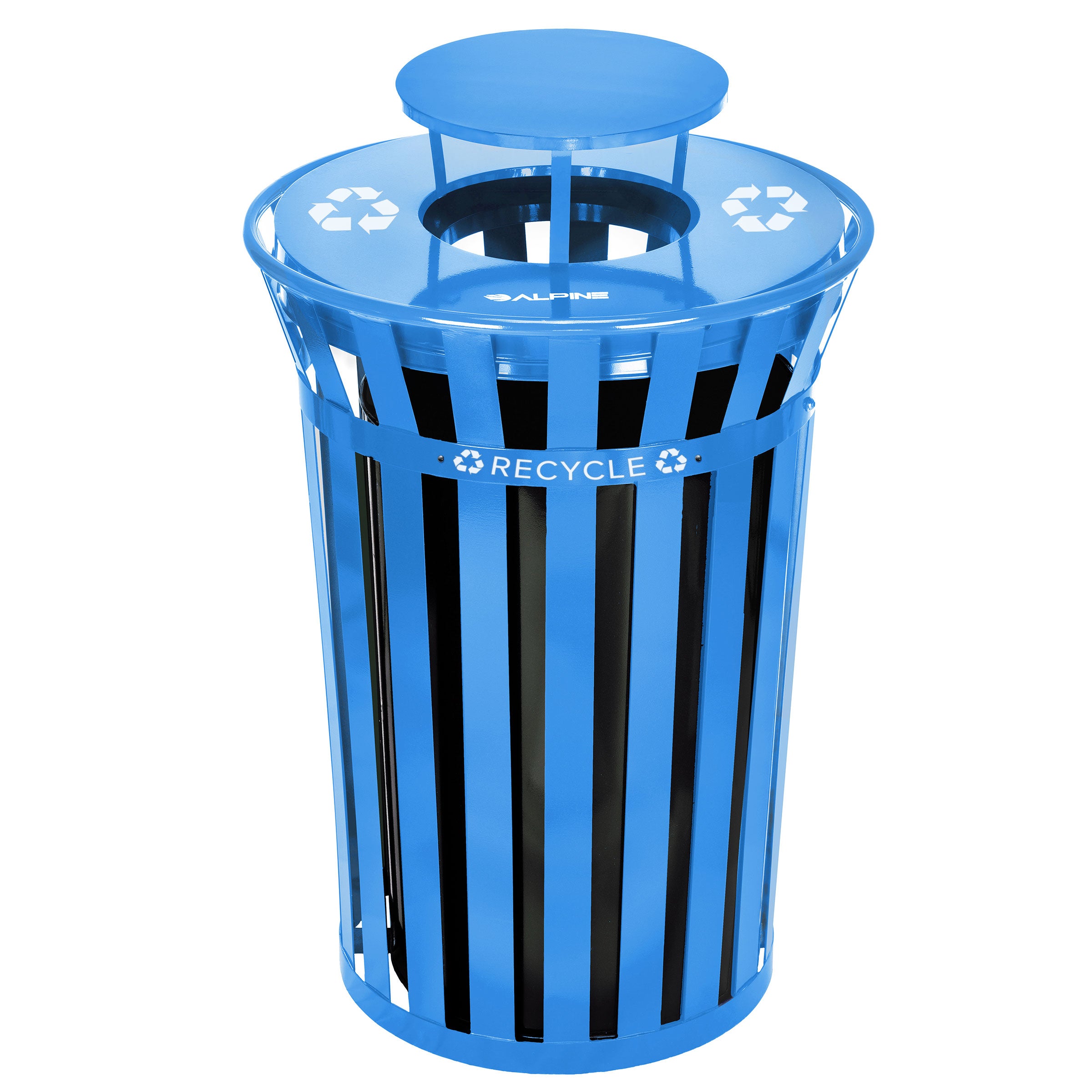 Alpine Industries Outdoor Metal Slatted Recycling Receptacle with Rain Bonnet Lid - 38 Gallon Blue