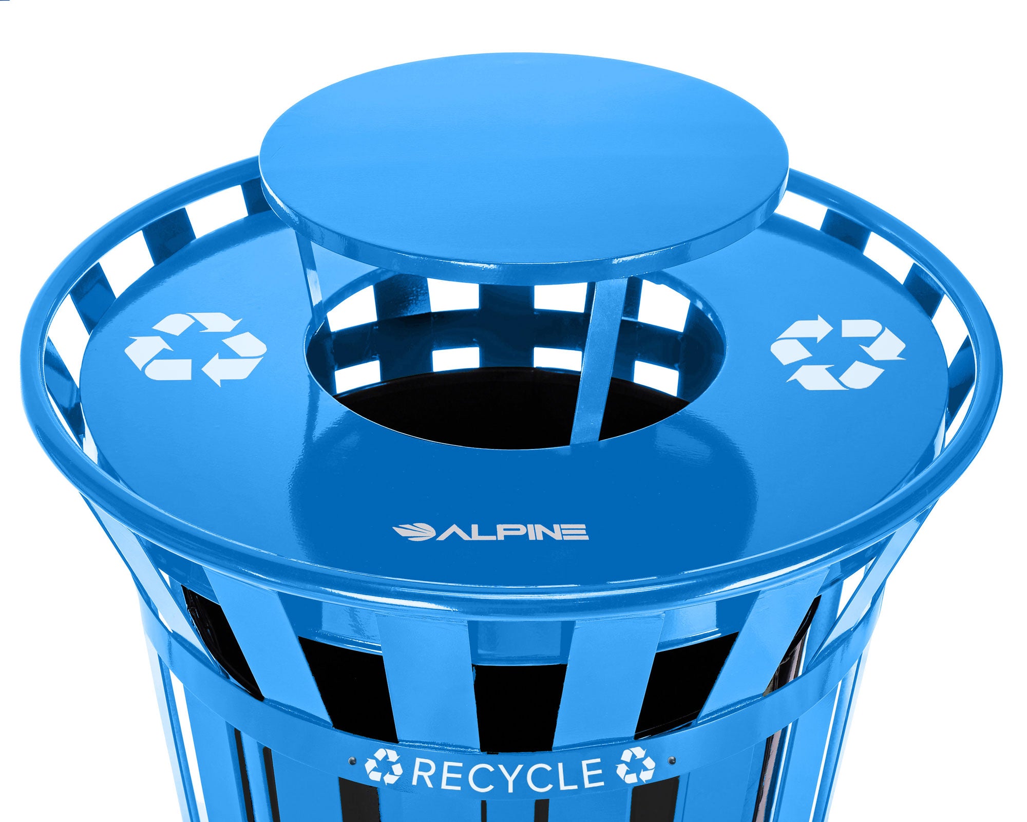 Alpine Industries Outdoor Metal Slatted Recycling Receptacle with Rain Bonnet Lid - 38 Gallon Blue