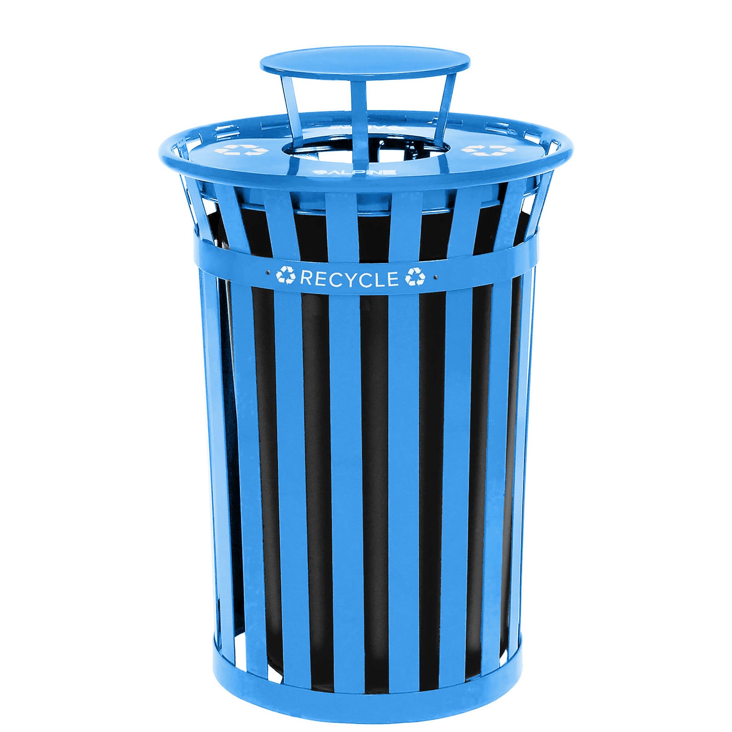 Alpine Industries Outdoor Metal Slatted Recycling Receptacle with Rain Bonnet Lid - 38 Gallon Blue