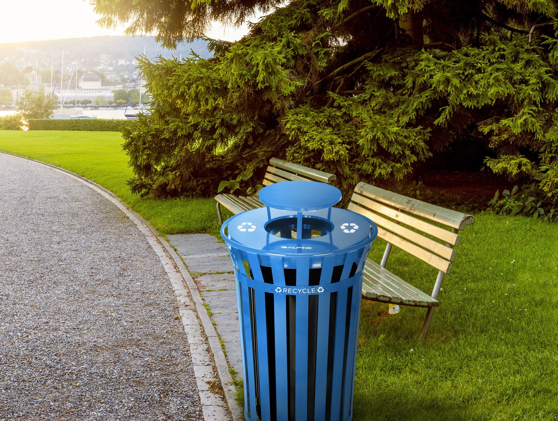 Alpine Industries Outdoor Metal Slatted Recycling Receptacle with Rain Bonnet Lid - 38 Gallon Blue