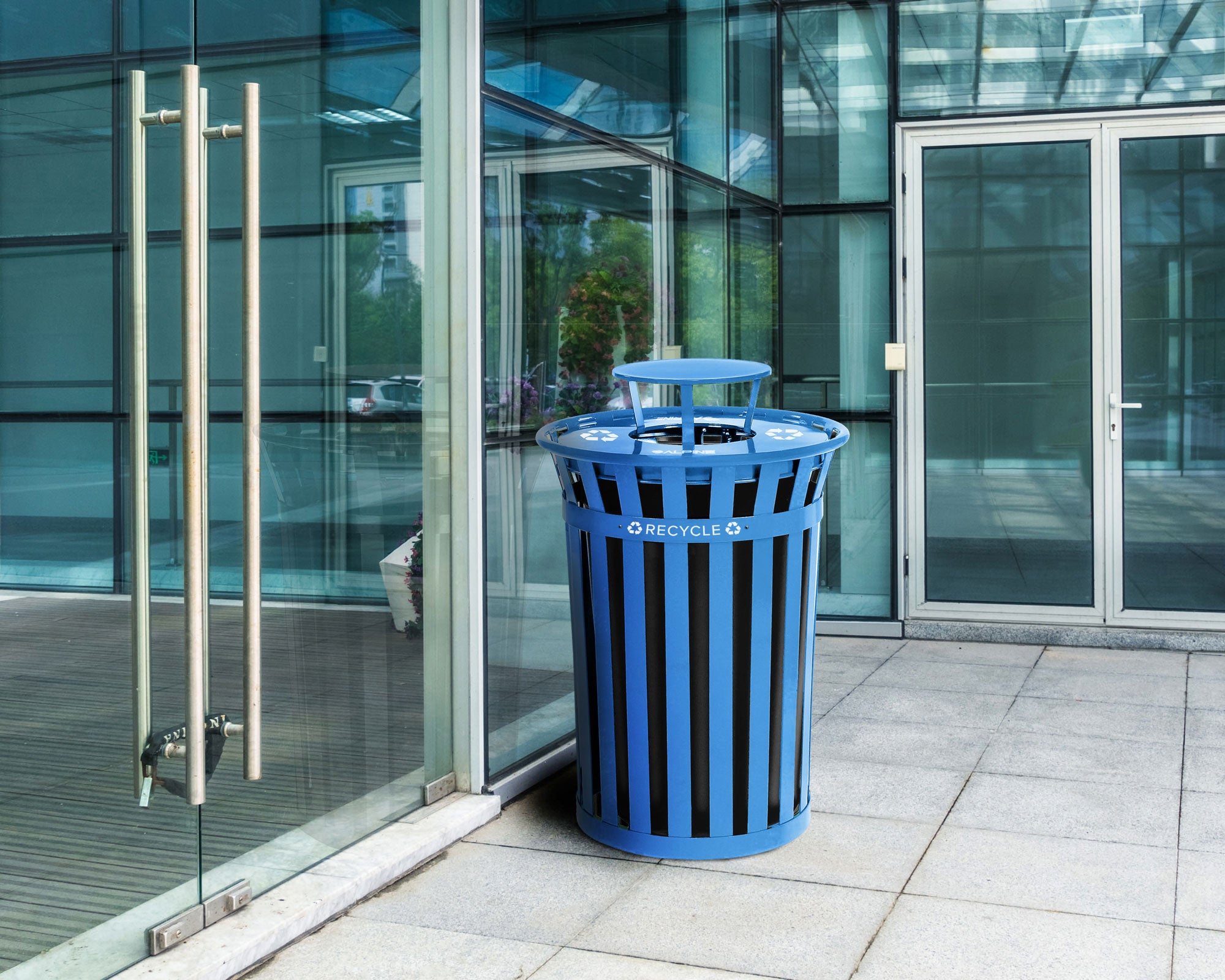Alpine Industries Outdoor Metal Slatted Recycling Receptacle with Rain Bonnet Lid - 38 Gallon Blue