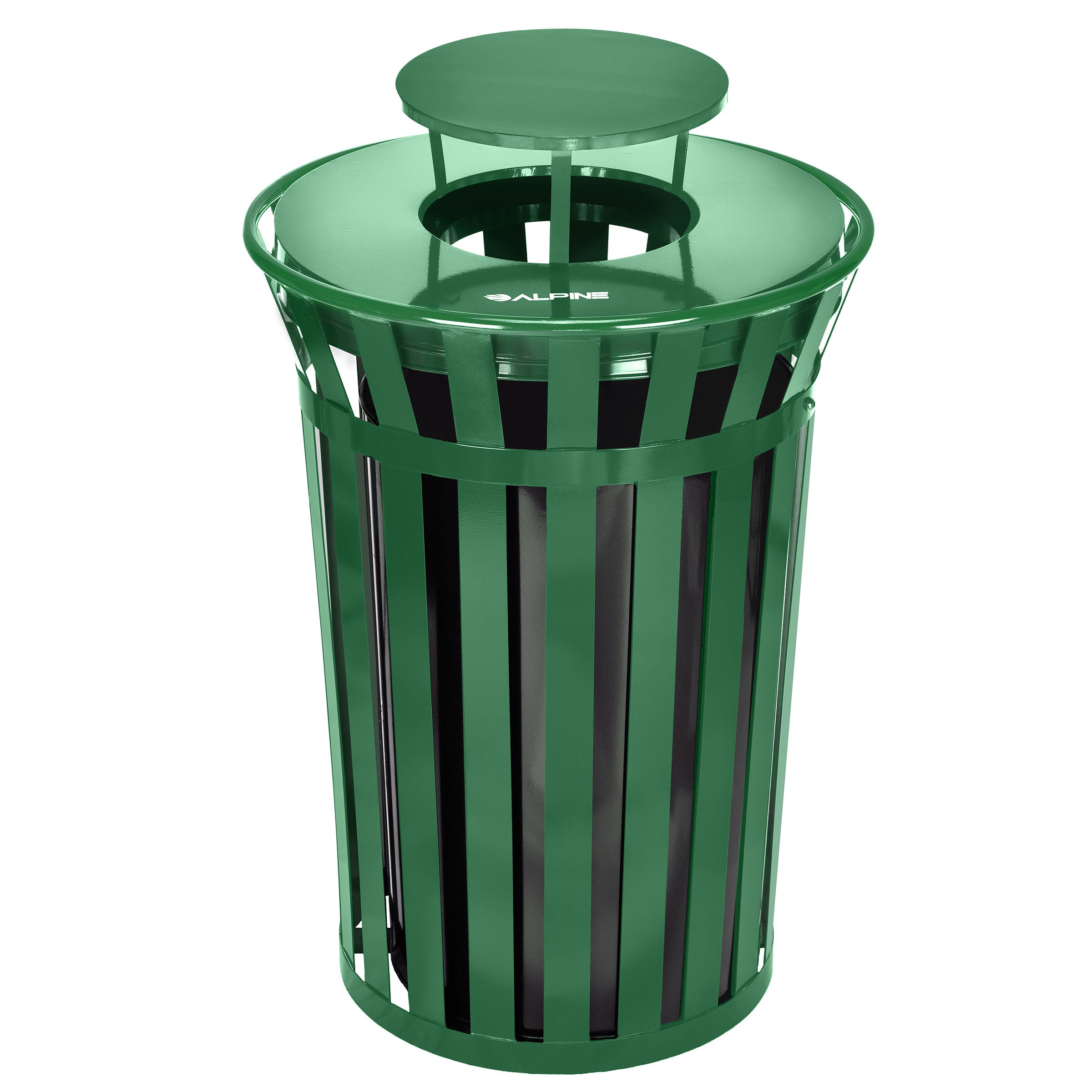 Alpine Industries Outdoor Metal Slatted Trash Receptacle with Rain Bonnet Lid - 38 Gallon Grenn