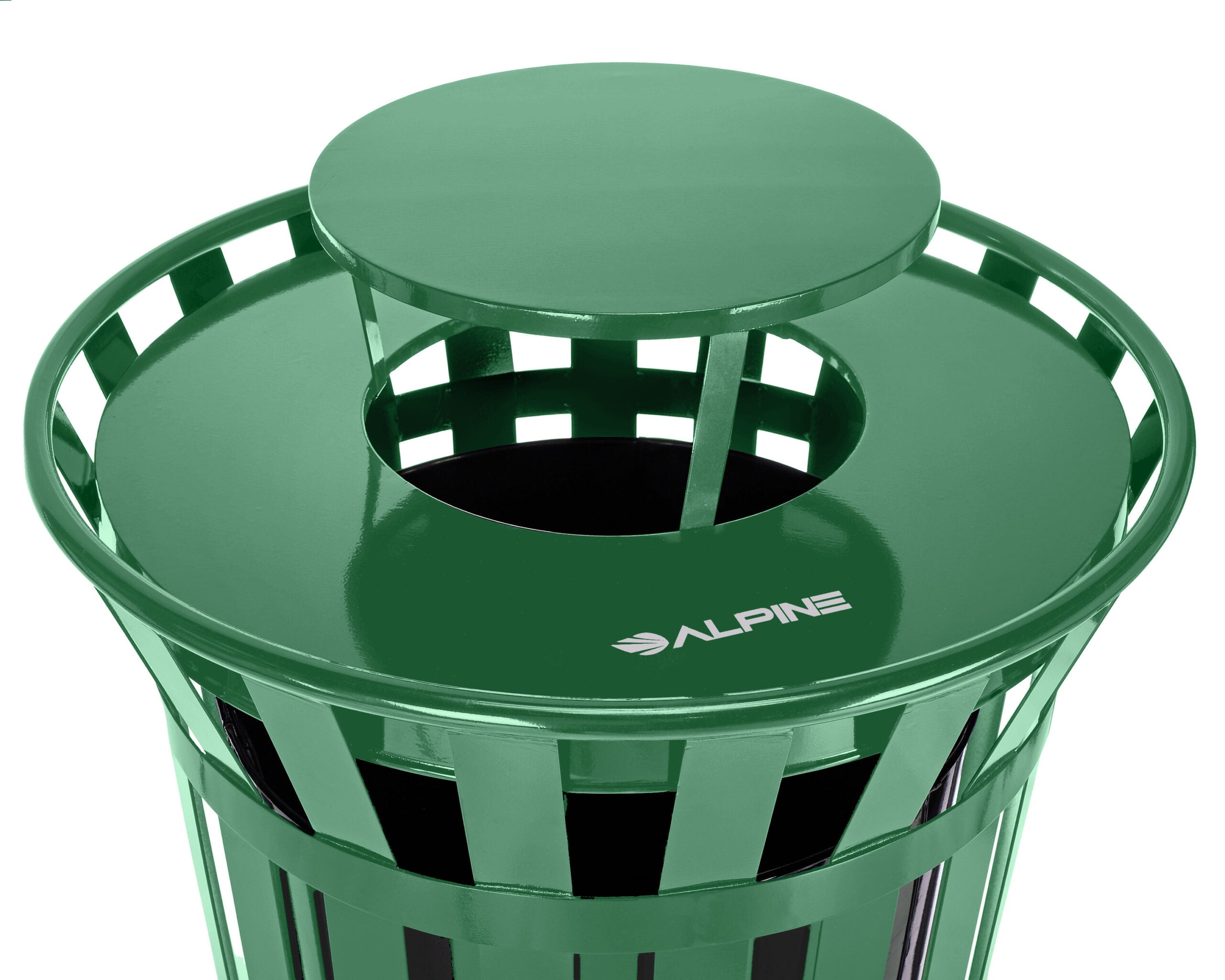 Alpine Industries Outdoor Metal Slatted Trash Receptacle with Rain Bonnet Lid - 38 Gallon Grenn