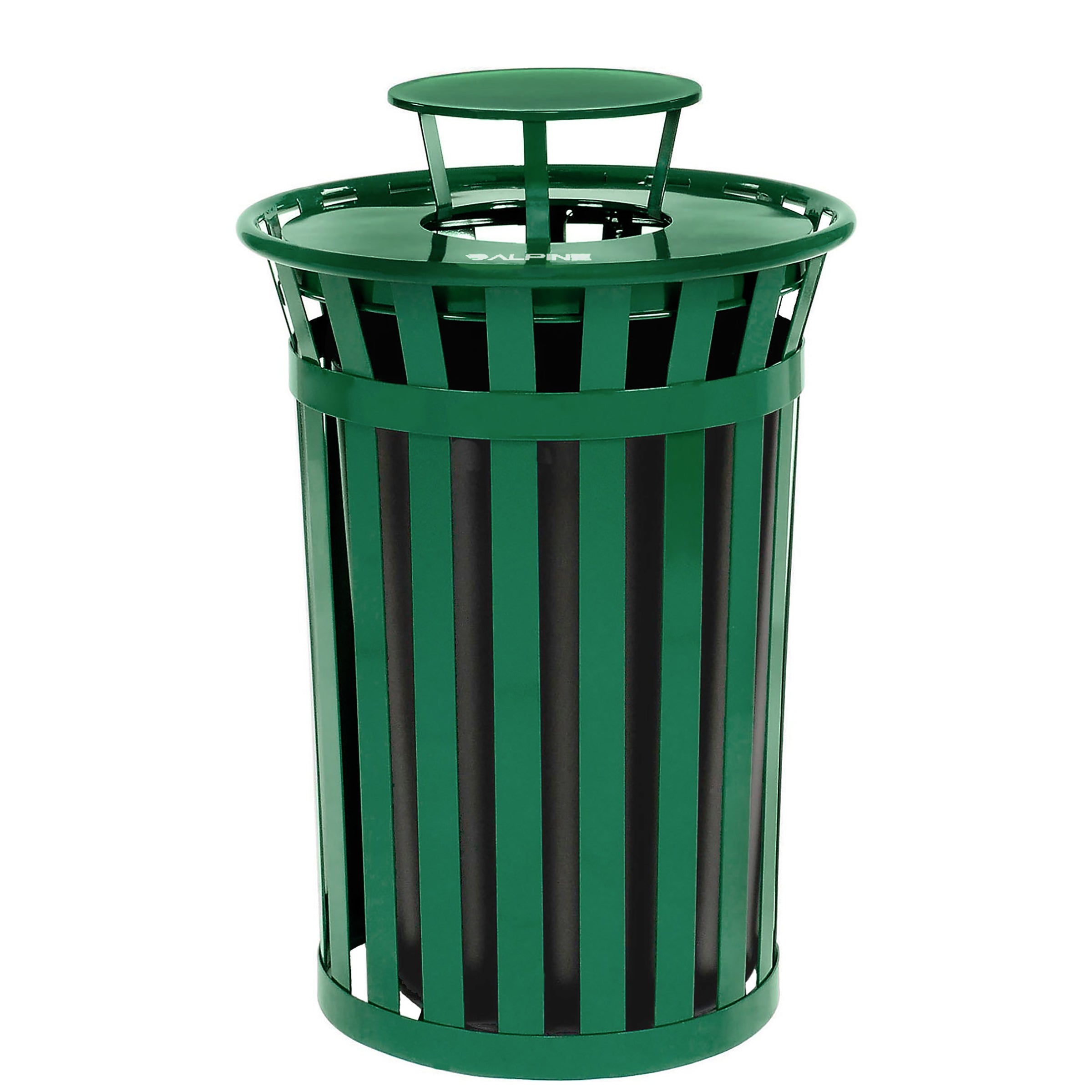 Alpine Industries Outdoor Metal Slatted Trash Receptacle with Rain Bonnet Lid - 38 Gallon Grenn