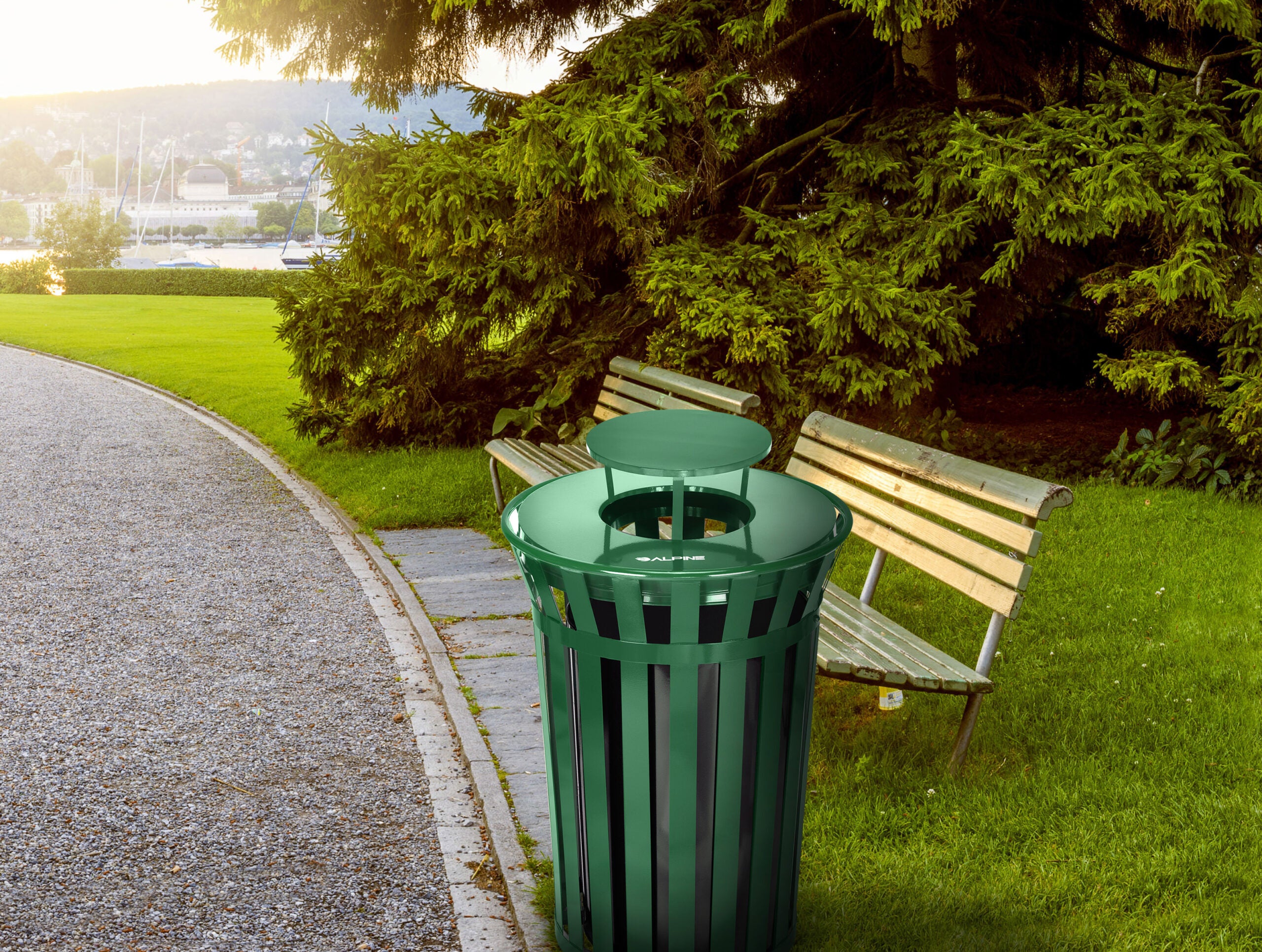 Alpine Industries Outdoor Metal Slatted Trash Receptacle with Rain Bonnet Lid - 38 Gallon Grenn