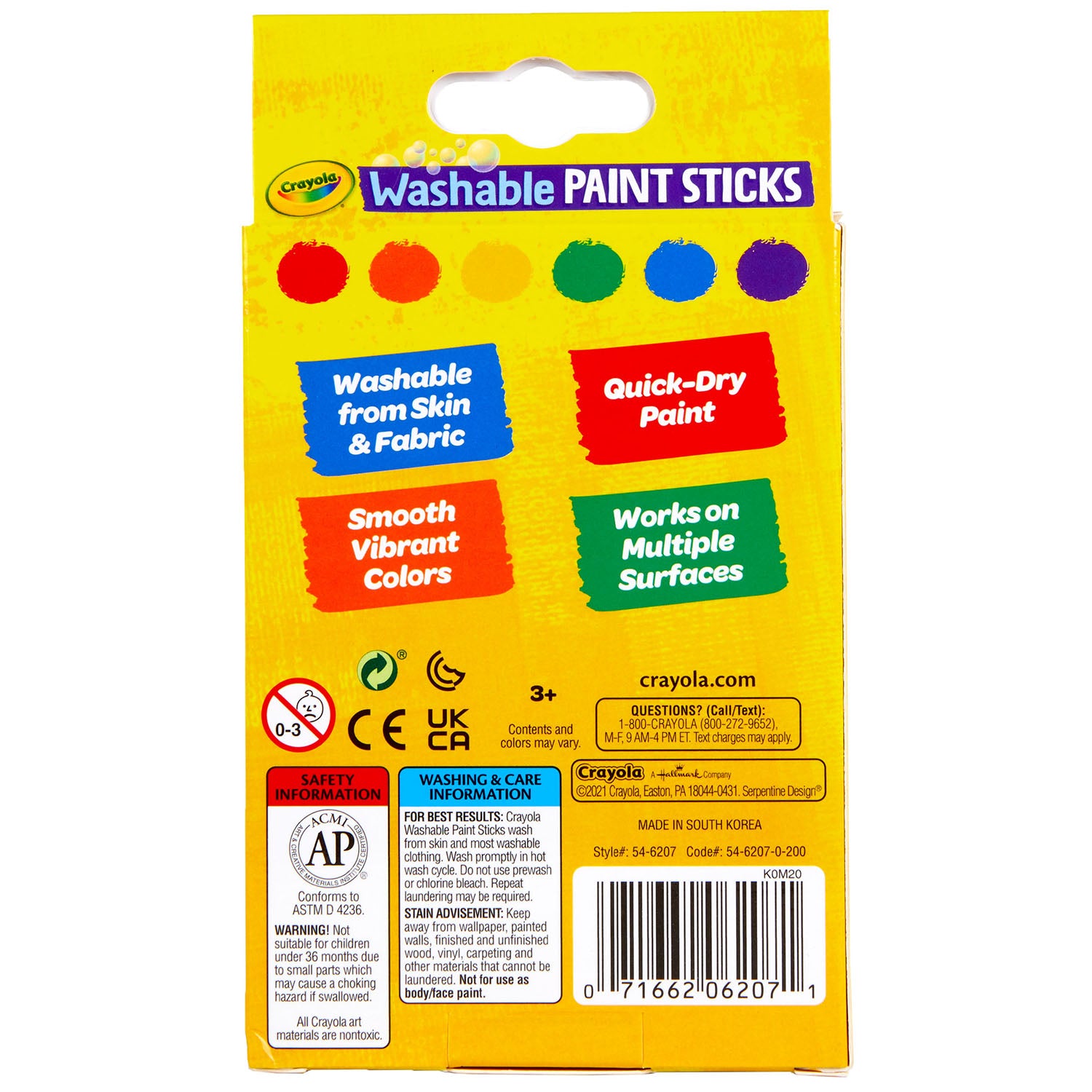 Washable Paint Sticks, 6 colors