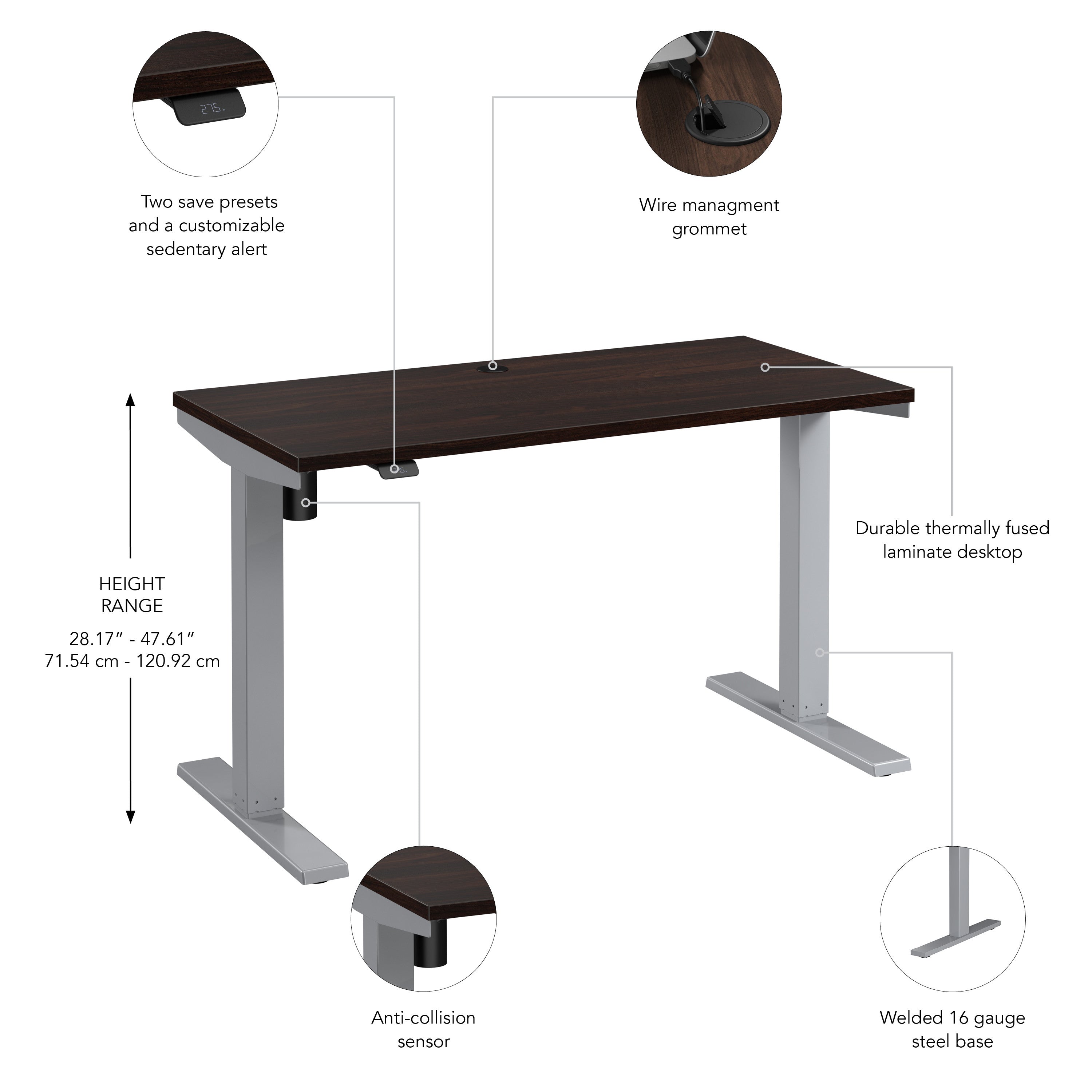 Bush Business Furniture Move 40 Series 48W x 24D Electric Height Adjustable Standing Desk in Black Walnut with Metallic Gray Base - 47.6" Width x 23.35" Depth x 28.17" Height