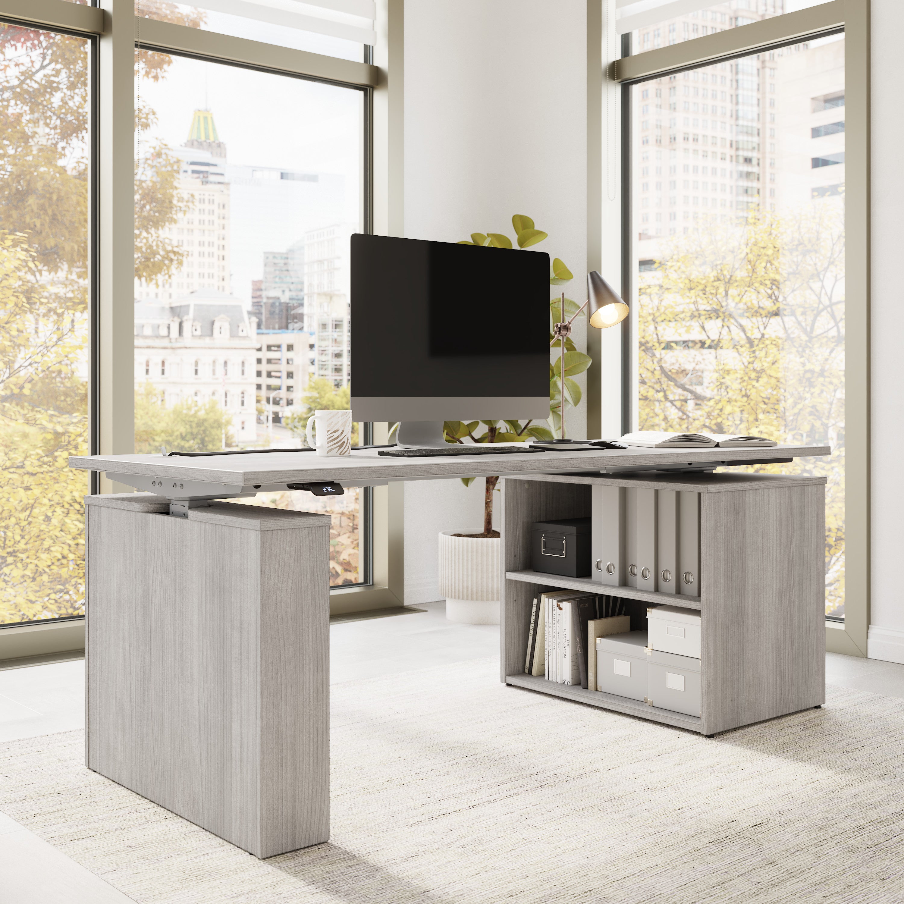 Bush Business Furniture Stratus&nbsp;72W x&nbsp;30D Electric Height Adjustable Standing Desk with Bookcase in Platinum Gray with Metallic Gray Base - 71.02" Width x 29.37" Depth x 27.44" Height