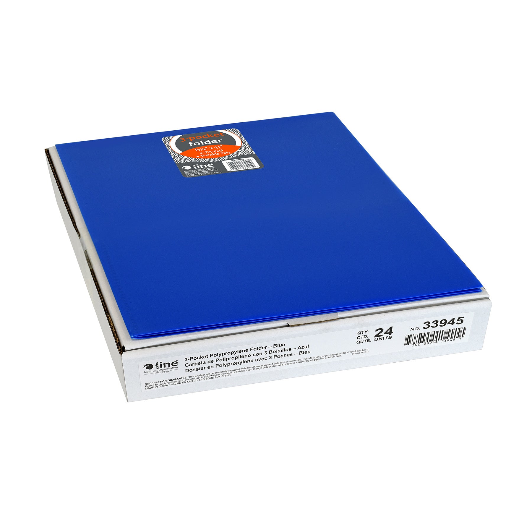 3-Pocket Poly Portfolio, Blue, Box of 24