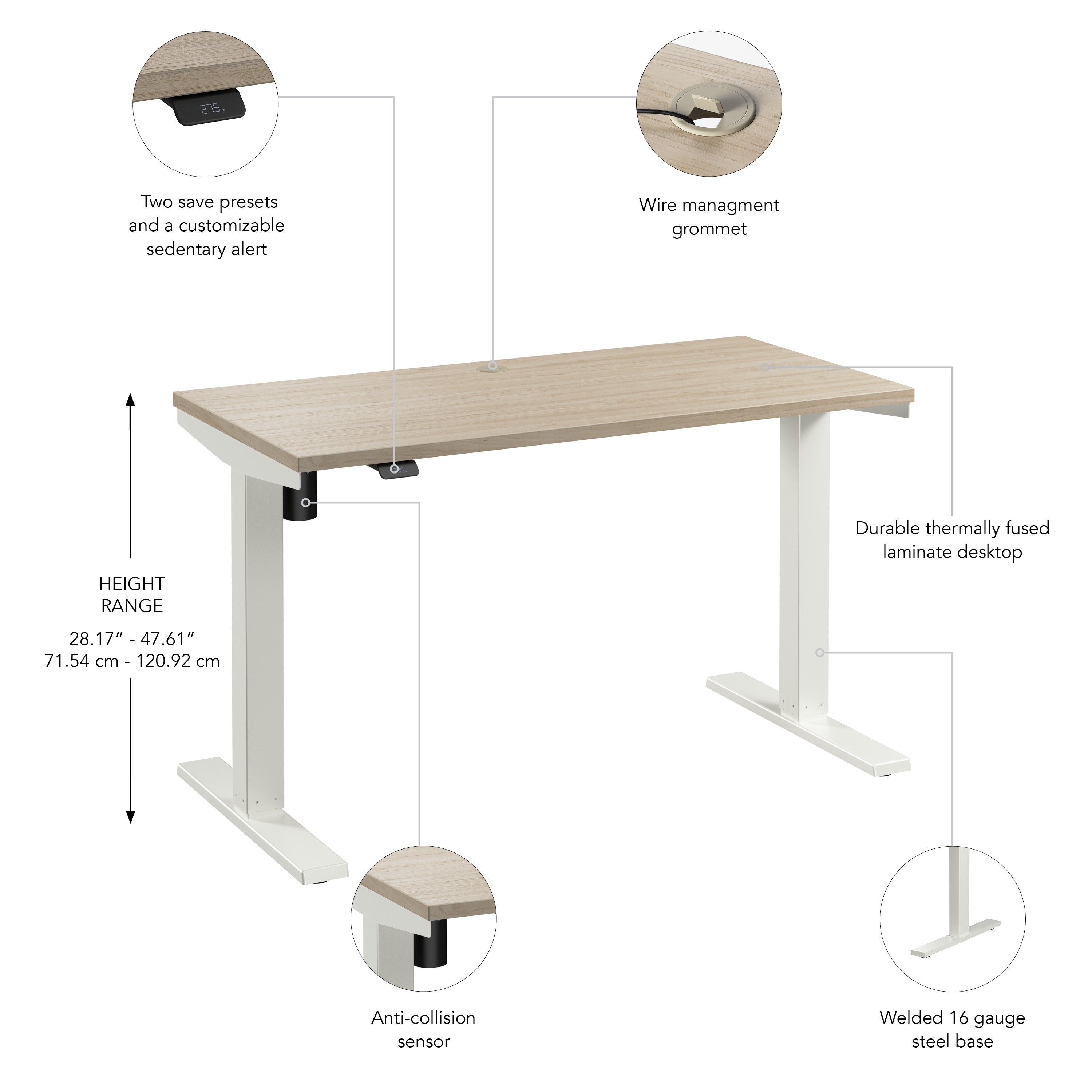 Bush Business Furniture Move 40 Series 48W x 24D Electric Height Adjustable Standing Desk in Natural Elm with White Base - 47.6" Width x 23.35" Depth x 28.17" Height