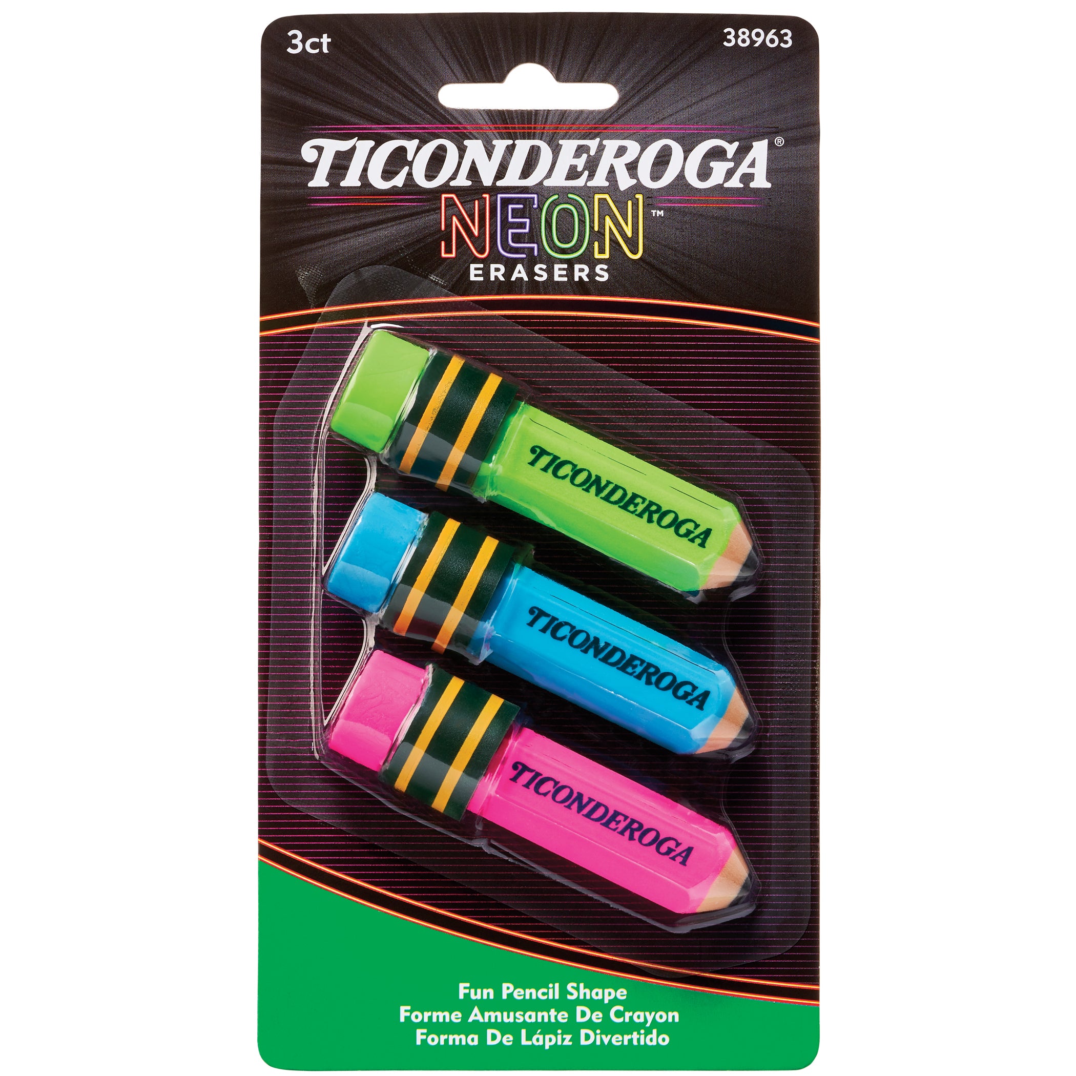 Pencil Shaped Neon Erasers, 3 Count