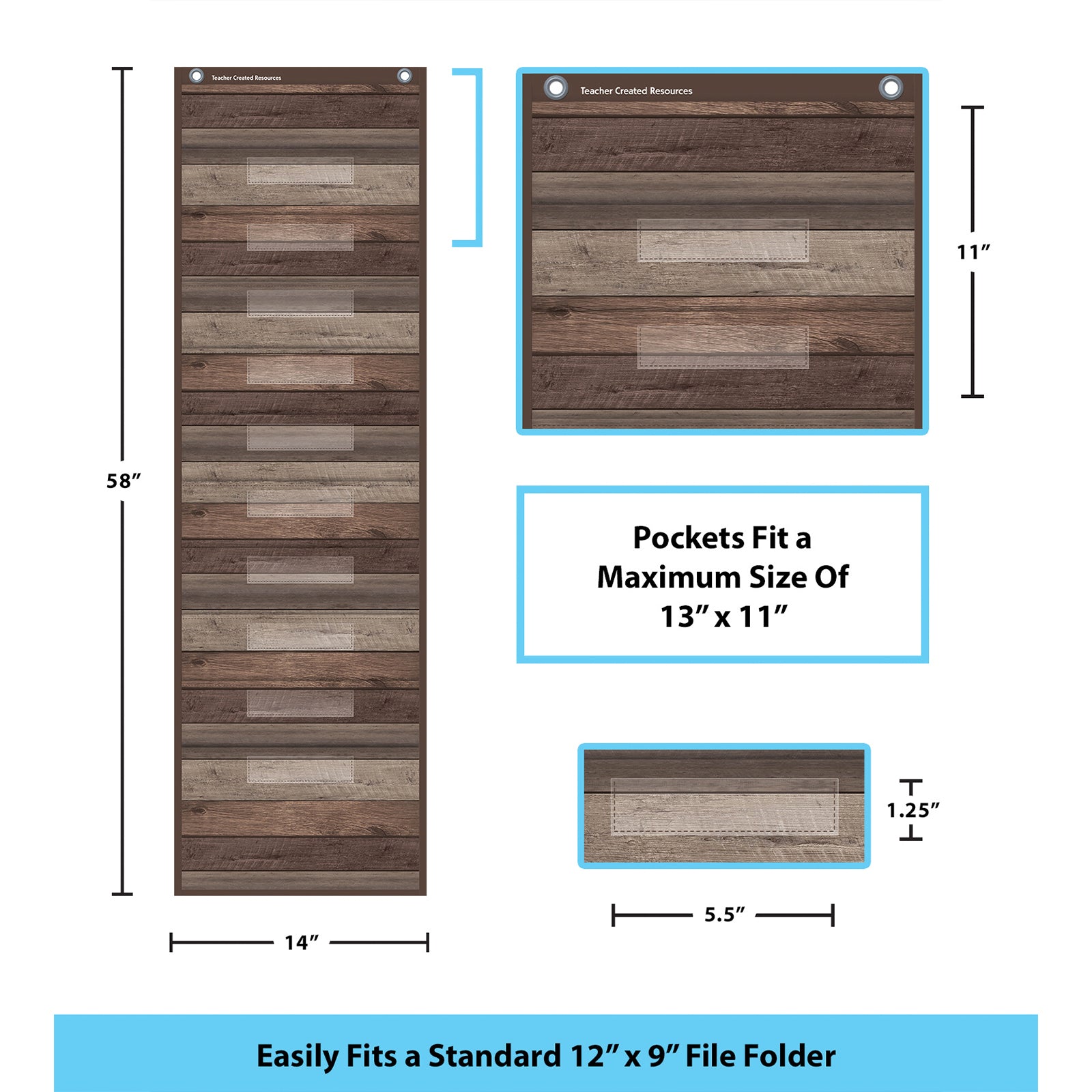 Dark Wood 10 Pocket File Storage Pocket Chart (14" x 58")