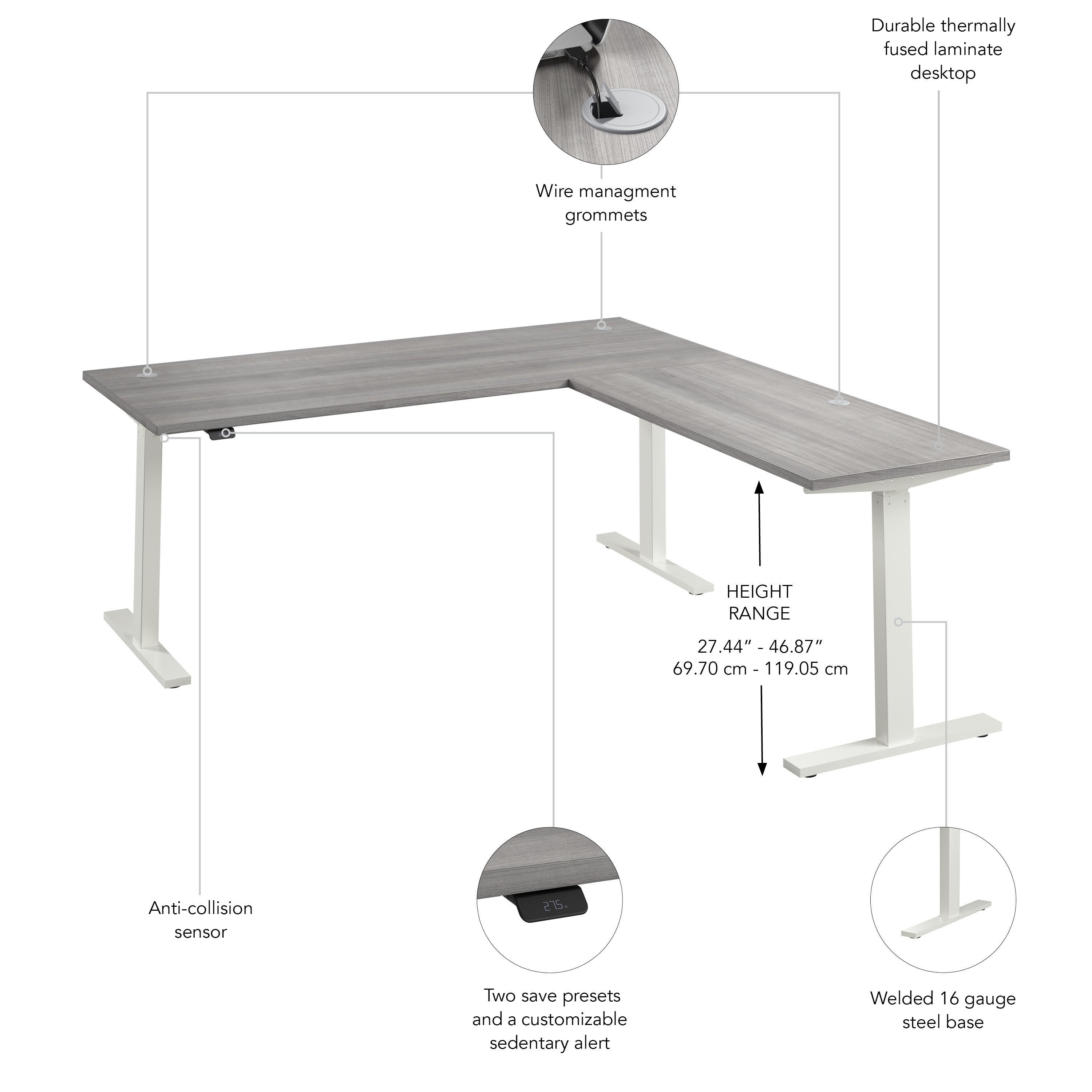 Bush Business Furniture Move 60 Series 72W Height Adjustable L Shaped Standing Desk in Platinum Gray with White Base - 71.02" Width x 76.97" Depth x 27.44" Height
