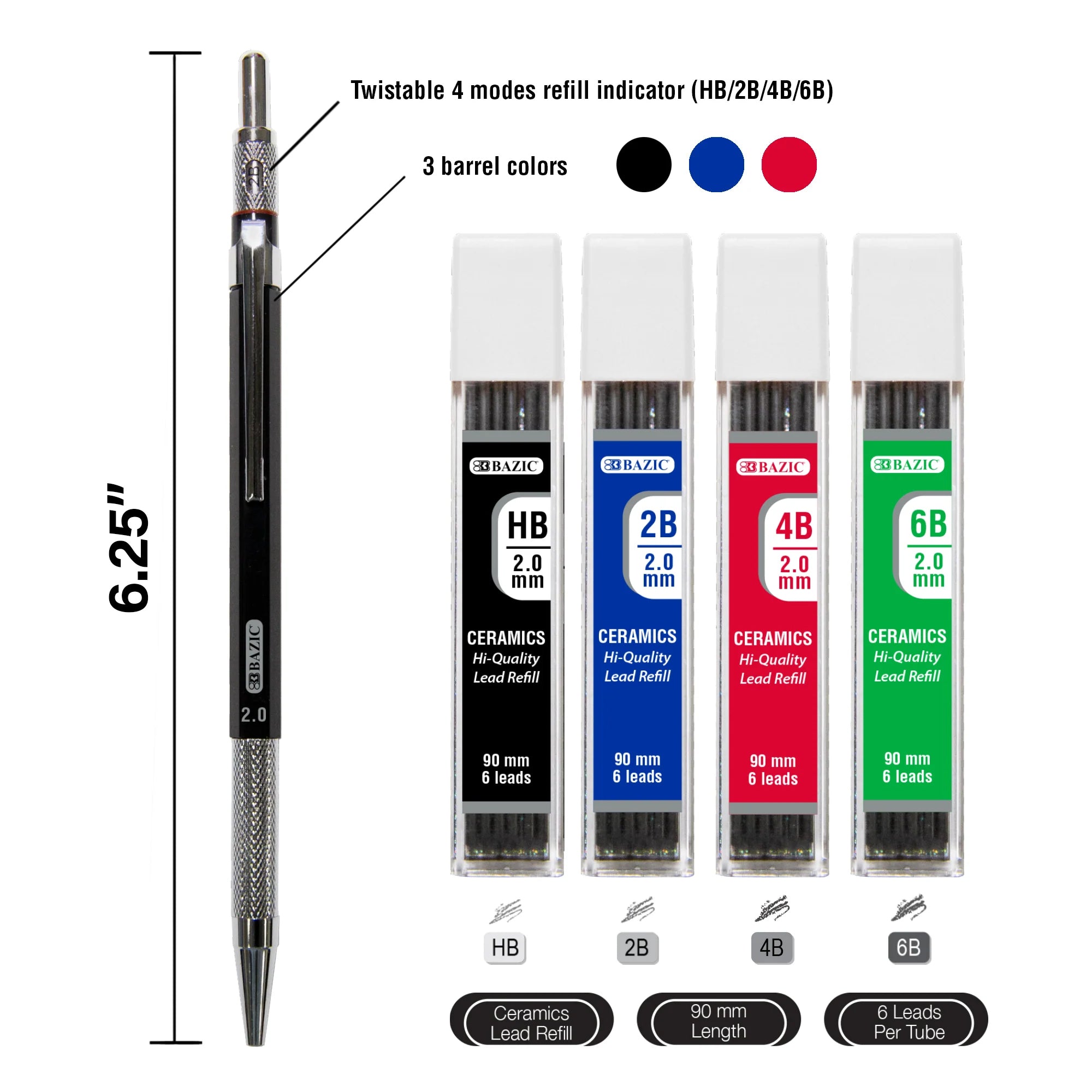 2.0 mm Mechanical Pencil with HB, 2B, 4B & 6B Lead, Assorted Barrel Color, 1 Pencil
