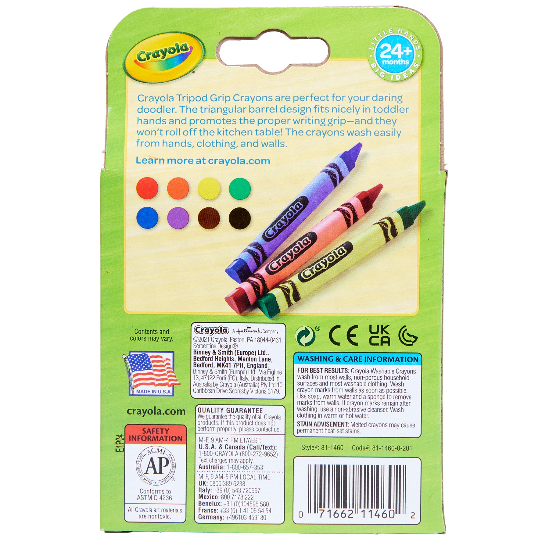 Washable Tripod Grip Crayons, 8 Count