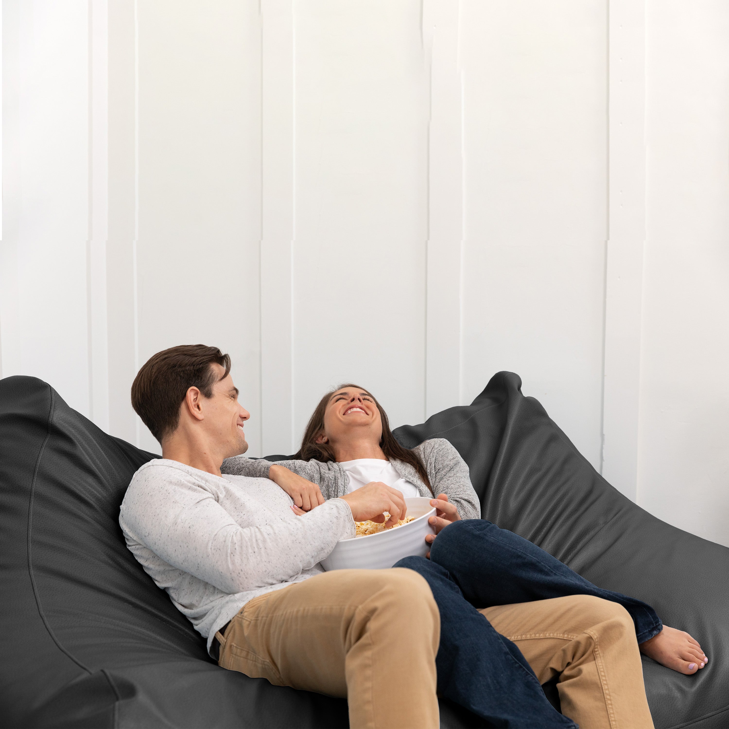 Atrium Collection Lozia Loveseat - Large Foam Bean Bag Sofa for Home Theaters, Offices, Schools, Reception & Waiting Rooms - Faux-Leather - Black