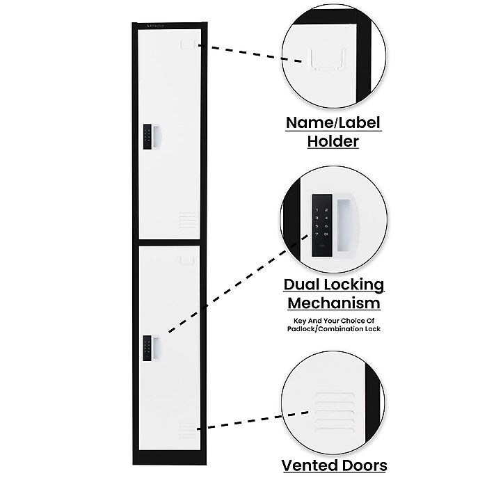 72" H x 12" W  2-Tier Steel Storage Locker with Digital Lock, Black and White, Pack of 4