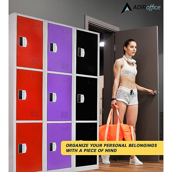 72" H x 12" W  Triple Tier Steel Storage Locker with Digital Lock, Purple