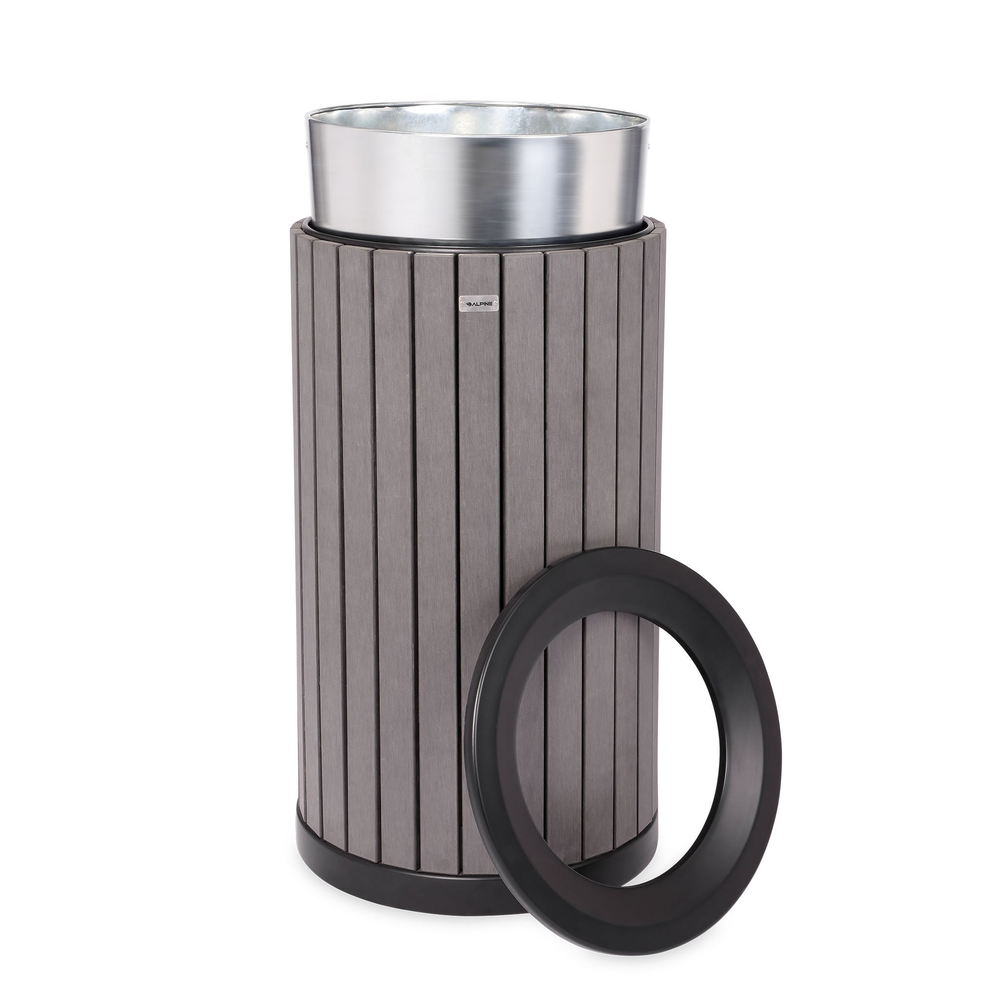 Round, 32-Gallon Outdoor Trash Container with Slatted Recycled Plastic Panels - Grey