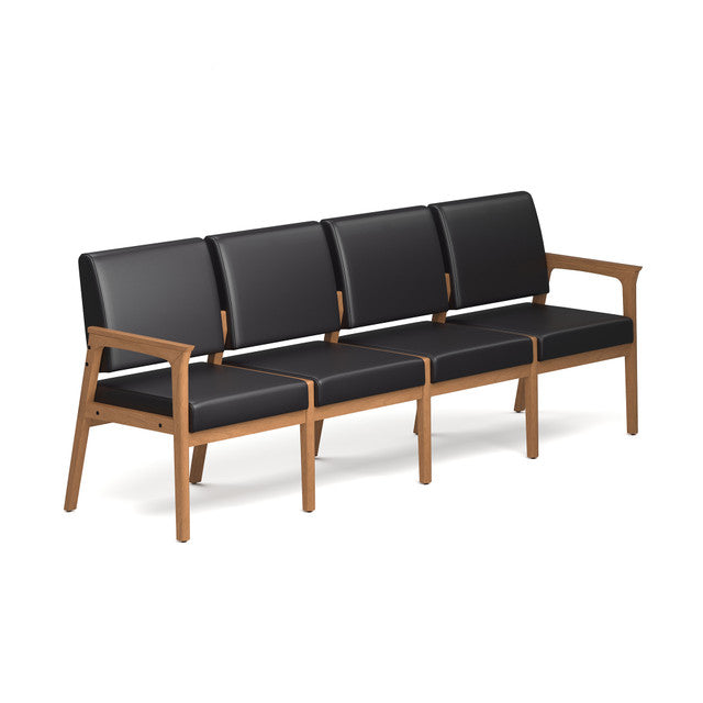OfficeSource Aiden 4-Seater with Half Arm - Natural Frame - Black PU Leather