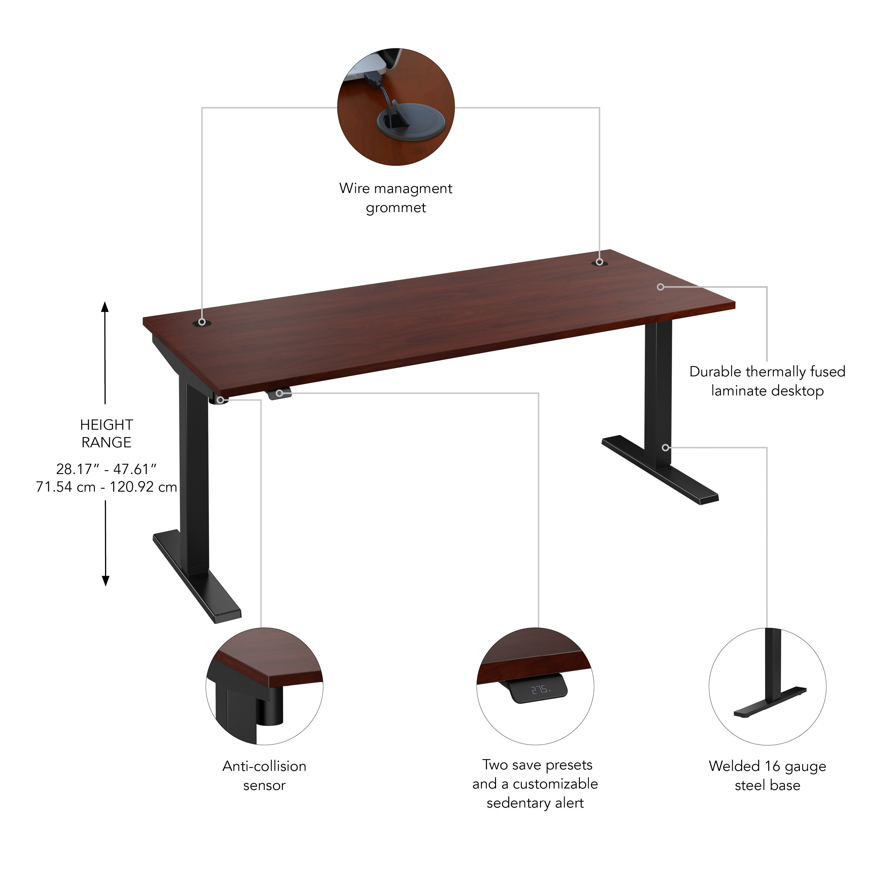 Bush Business Furniture Move 40 Series 72W x 30D Electric Height Adjustable Standing Desk in Hansen Cherry with Black Base - 71.02" Width x 29.37" Depth x 28.17" Height