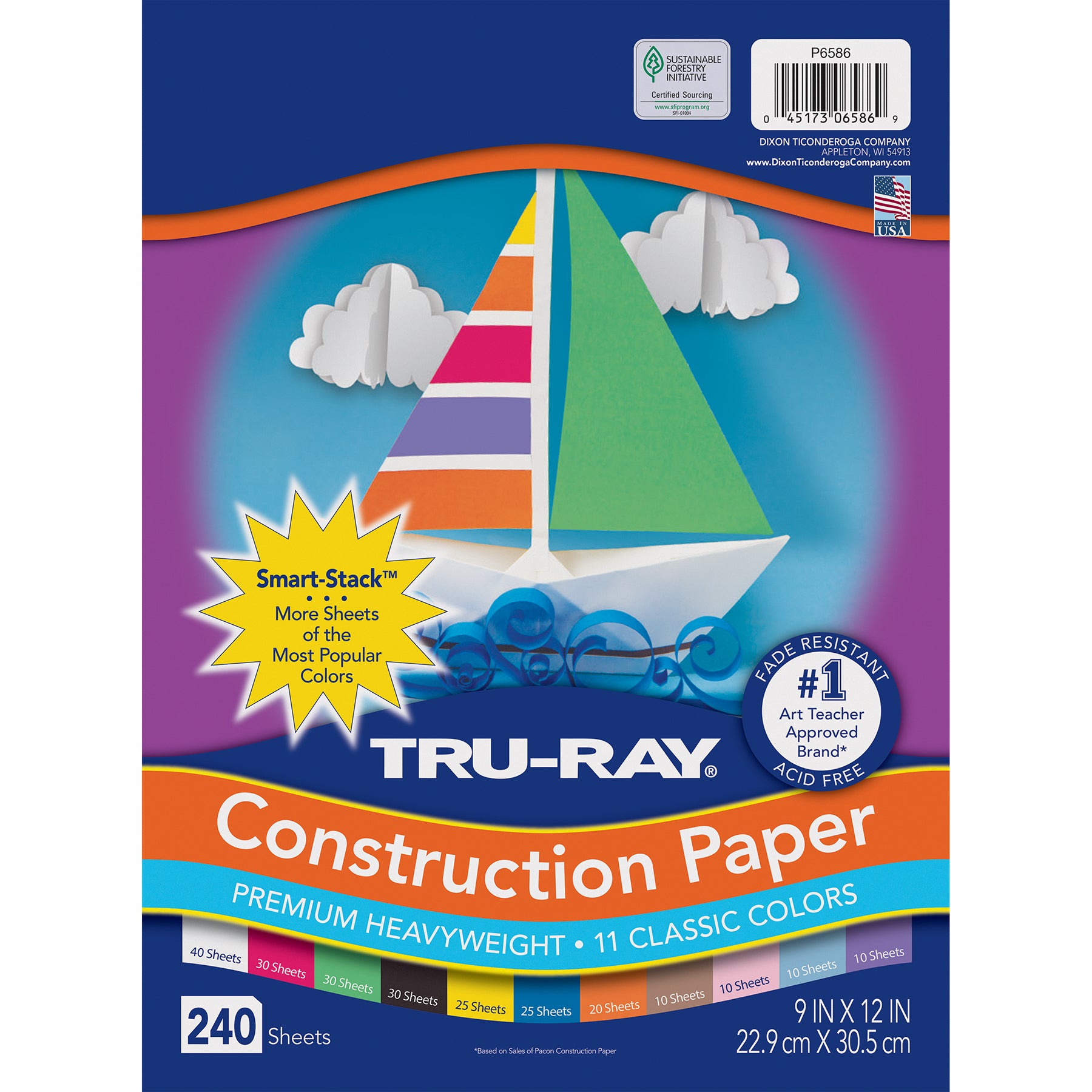 Construction Paper Smart-Stack, Heavyweight, 11 Classic Colors, 9" x 12", 240 Sheets
