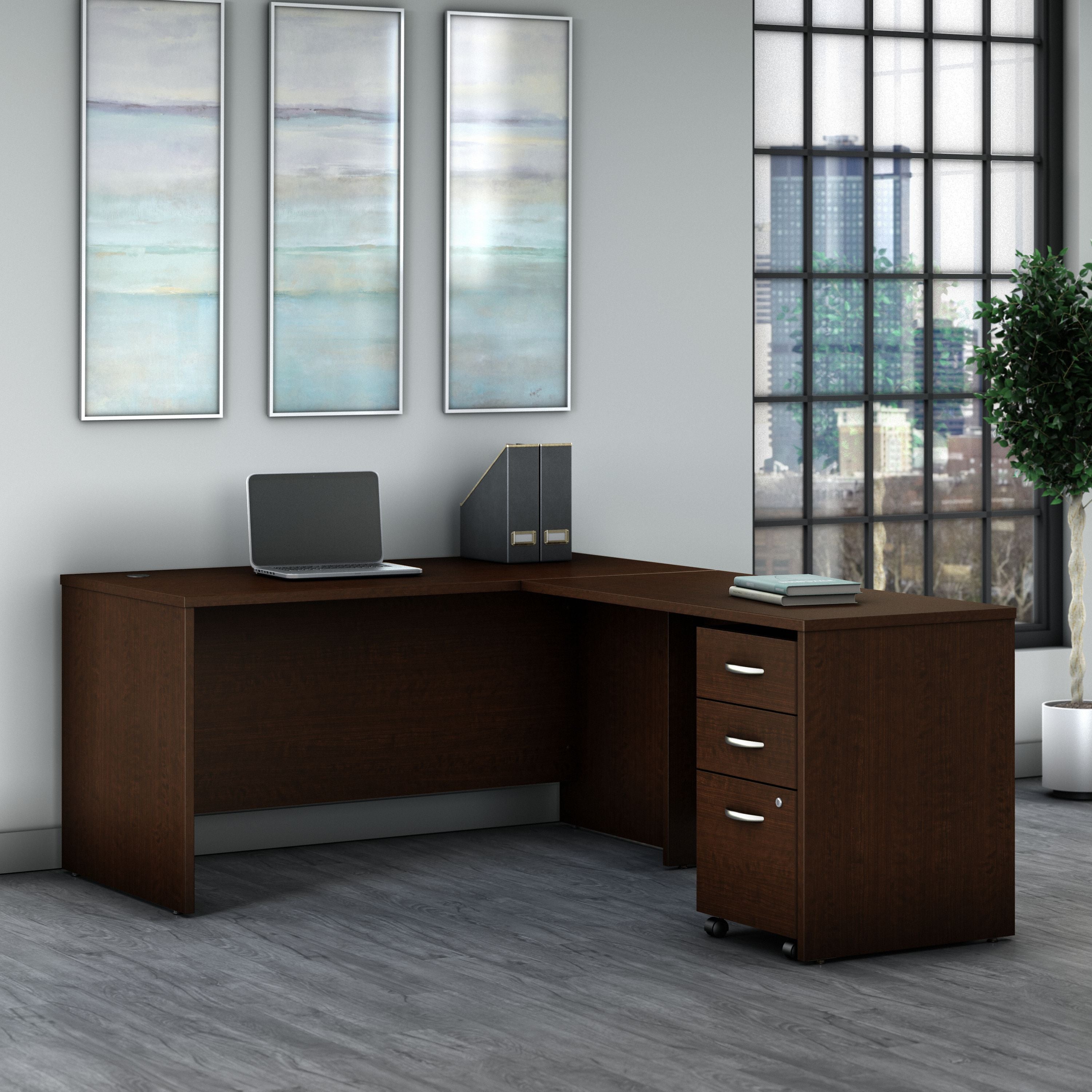 Bush Business Furniture Series C 60W L Shaped Desk with 3 Drawer Mobile File Cabinet in Mocha Cherry - 59.45" Width x 77.05" Depth x 29.84" Height